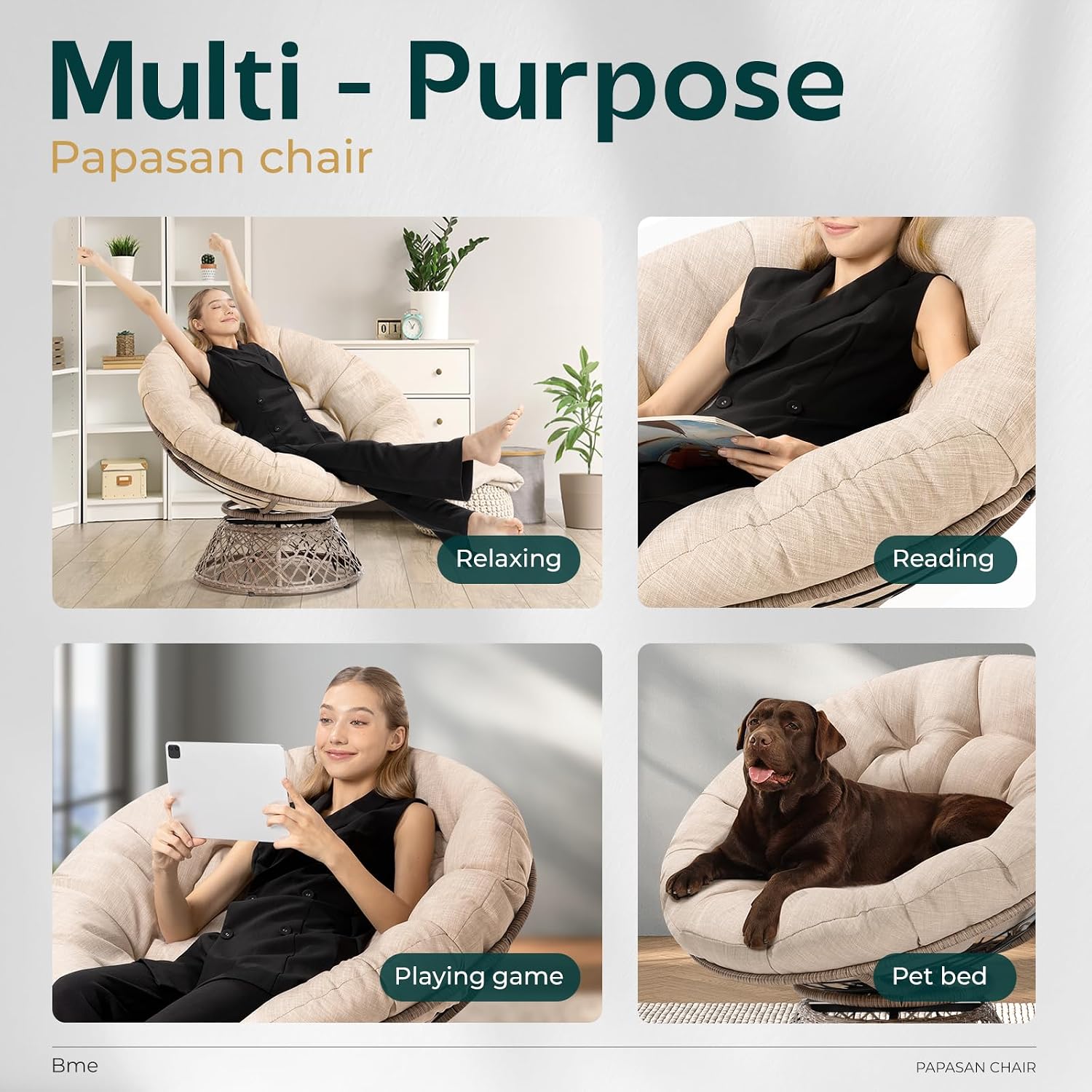 Bme 40' Ergonomic Wicker Papasan Chair with Soft Thick Density Fabric Cushion, High Capacity Steel Frame, 360 Degree Swivel for Living, Bedroom, Reading Room, Lounge, Sepia Sand - Brown Base