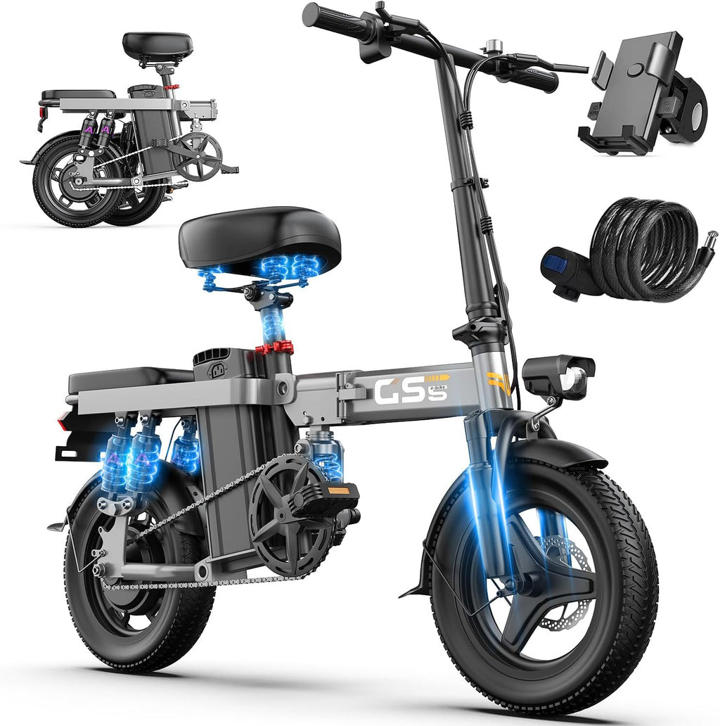 Heavy-Duty Foldable Electric Bike for Adults with 7-Shock Suspension, 500+ lbs Capacity, 740W Motor, 25MPH, 720Wh Battery, 20 Mile Range, 14' Fat Tires Commuter Electric Bicycles for Road & Mountain