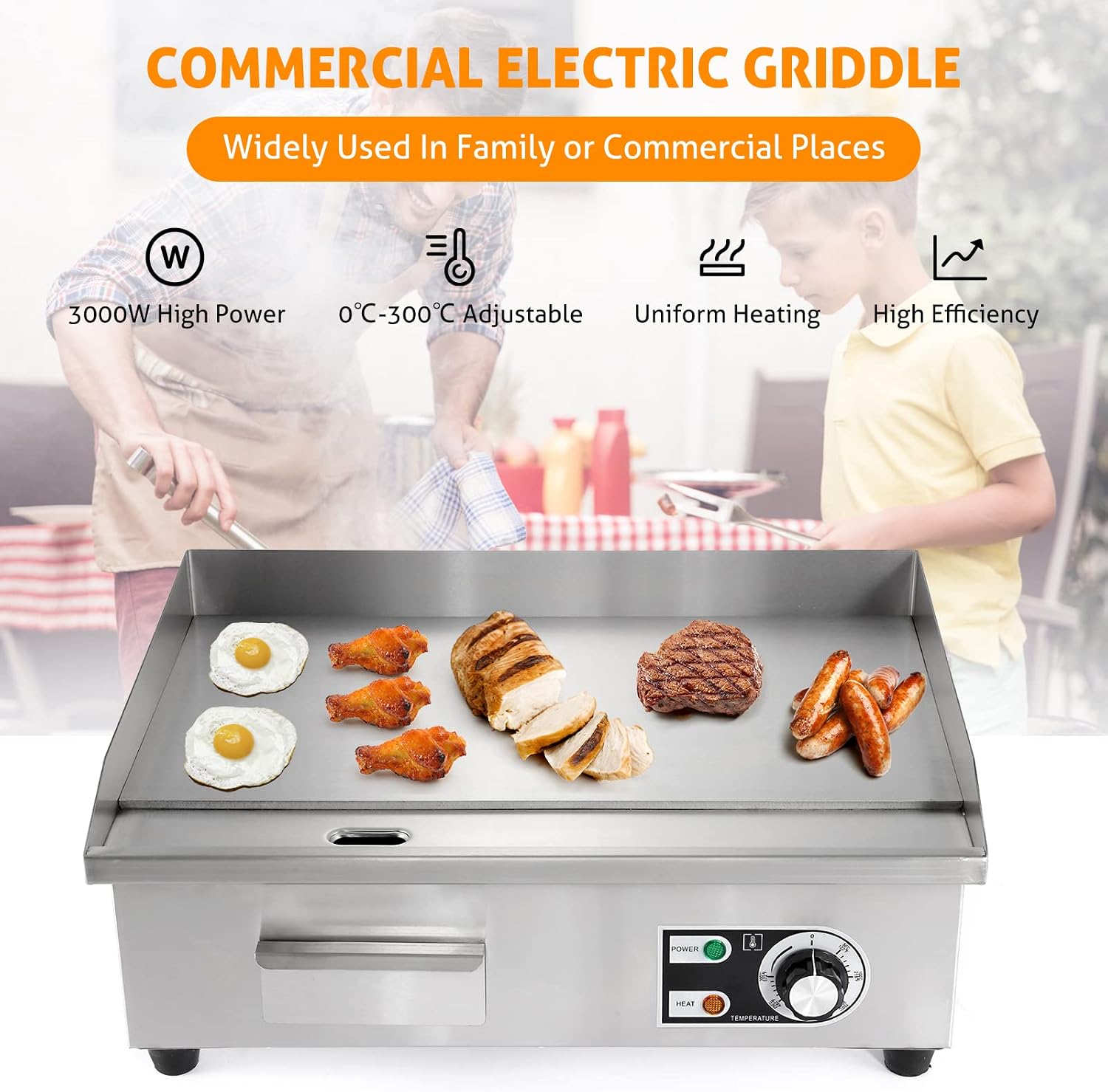 WICHEMI Commercial Electric Griddle 22' 3000W Flat Top Grill Countertop Griddle Stainless Steel Teppanyaki Grill w/Iron Cooking Plate for Restaurant Kitchen, 110V