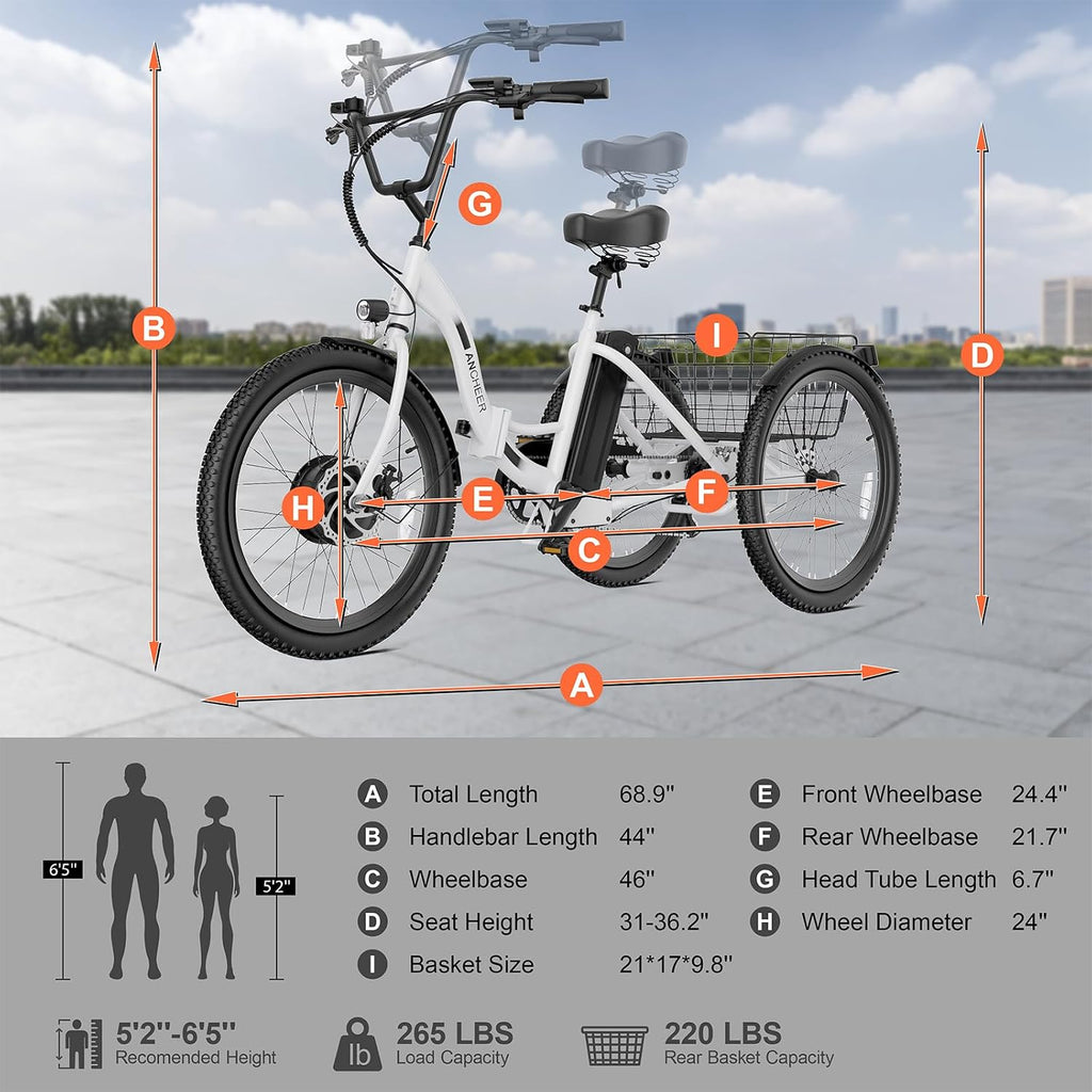 ANCHEER Electric Tricycle for Adults, 350W(Peak 550W) Etrike, 48V/499Wh Ebike, 24' Folding 3 Wheel Electric Trike, 15.5MPH & 55Miles Electric Bike, Rear Differential, Rear Basket