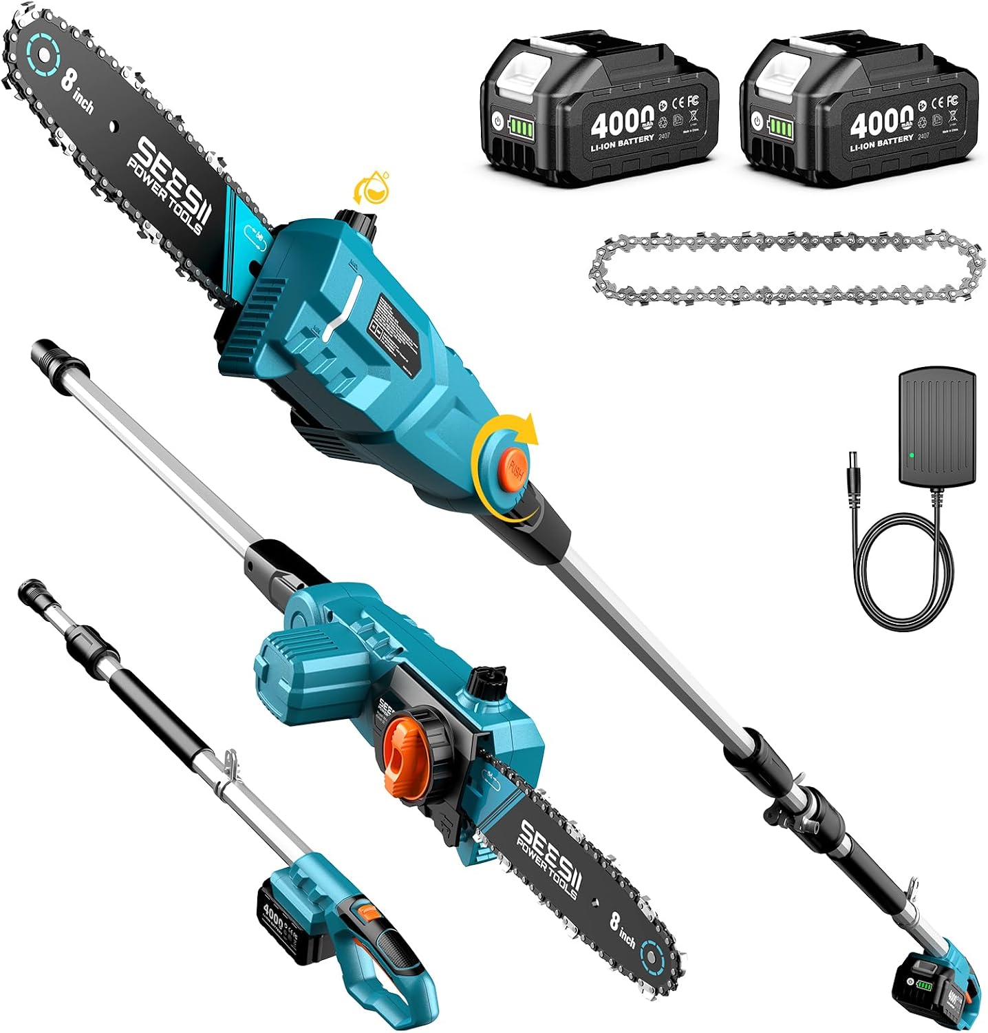 SEESII 8-Inch Electric Pole Saws: 21V Cordless Pole Saws for Tree Trimming, 15-Foot Max Reach, Auto Oiling, Tree Trimmer with 2x4000mAh Battery & Fast Charger, Tree Saw Ideal for Pruning Branches