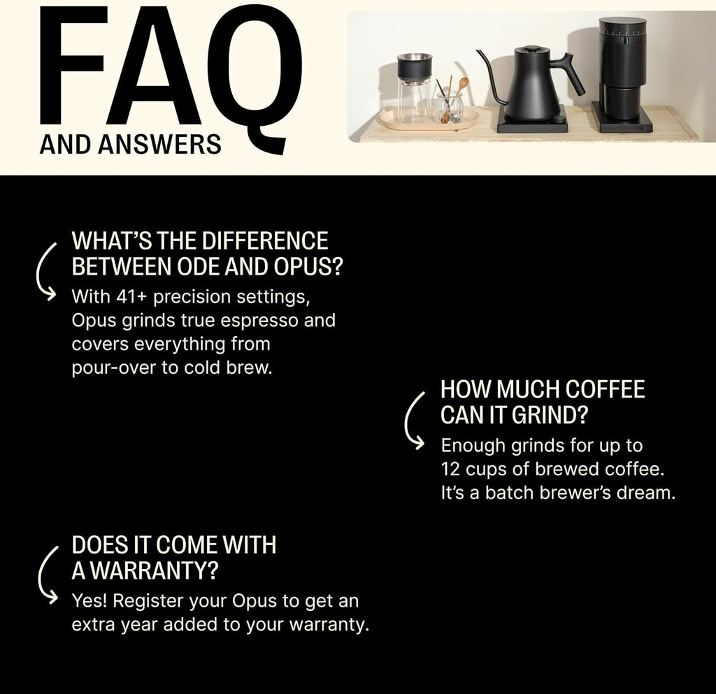 Fellow Opus Conical Burr Coffee Grinder – Electric Espresso Grinder for Home Use, 41 Adjustable Settings for Drip, French Press, Cold Brew & More, 40mm Stainless Steel Burrs, Matte Black