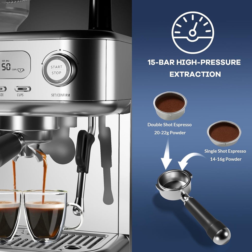GarveeHome Semi-Automatic Espresso Machine, Coffee Machine with Grinder and Steam Milk Frother, LCD Smart Screen Espresso Maker with 78 oz Removable Water Tank for Cappuccinos and Lattes