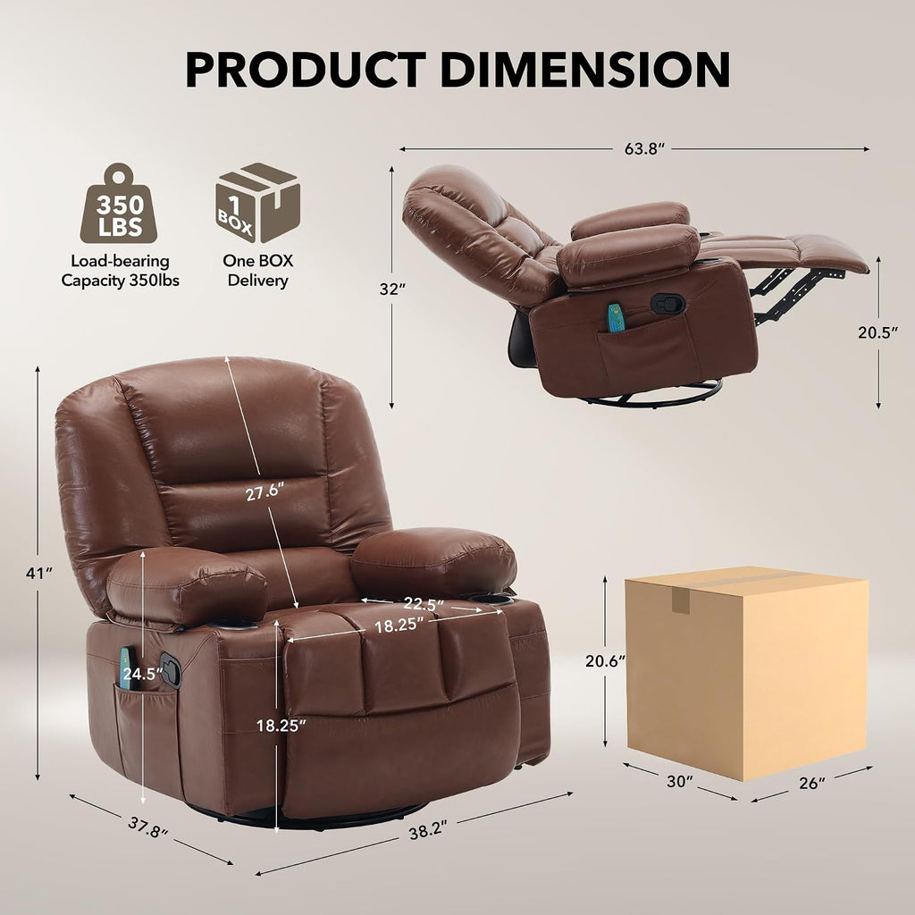 Rocker Recliner Chair with Heat and Massage,Nursery Recliner 360° Swivel Oversized Chairs for Adults,PU Leathe Lazy Boy Single Sofa Seat with 3 Positions, Side Pockets,Cup Holders for Living Room