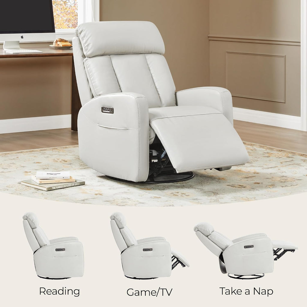 CHITA Leather Power Swivel Recliner Chair for Adults, Triple Motor Electric Rocker Recliner for Living Room with Adjustable Headrest and Lumbar Support, USB & Type-C Charging Ports, Creamy Grey
