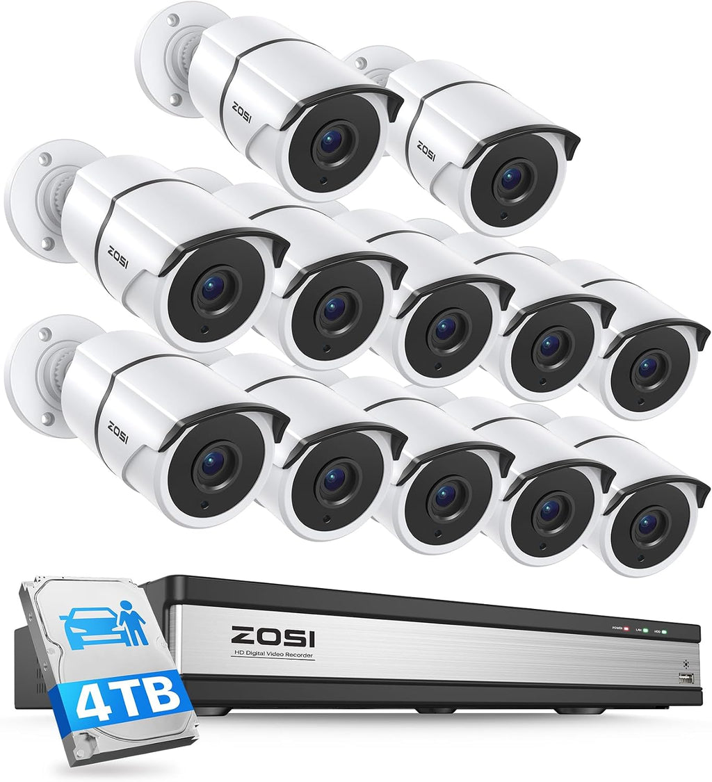 ZOSI 16 Channel Wired Security Camera System with 4TB HDD, 12 x 1080P Outdoor Metal CCTV Cameras with Audio, AI Human/Vehicle Detection, 120ft Night Vision, 16CH DVR for Business Home 24/7 Recording
