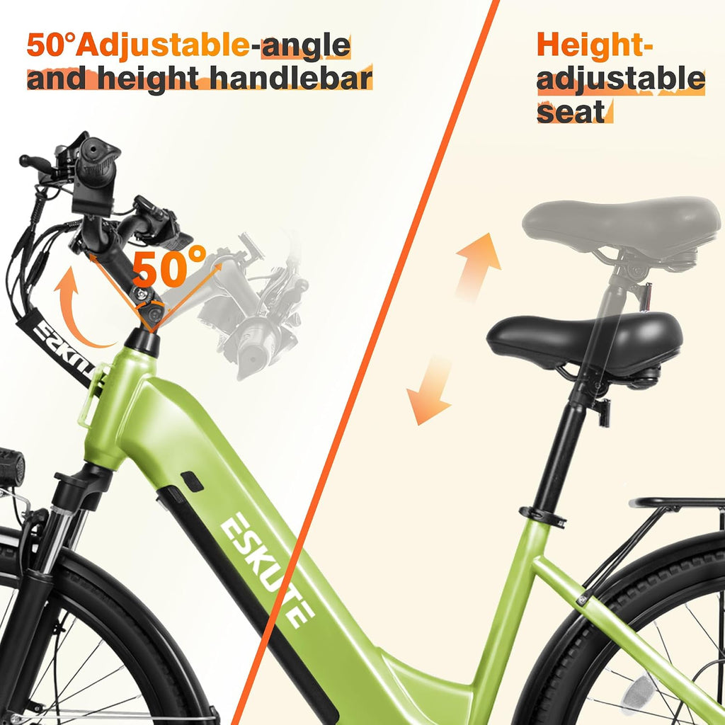 ESKUTE Electric Bike for Adults-1300w Peak Ebike, 28MPH Step Thru Electric Bicycle，70Miles 840 WH Removable Battery e-Bike, 7-Speed 26'' tire, Adjustable Stem,