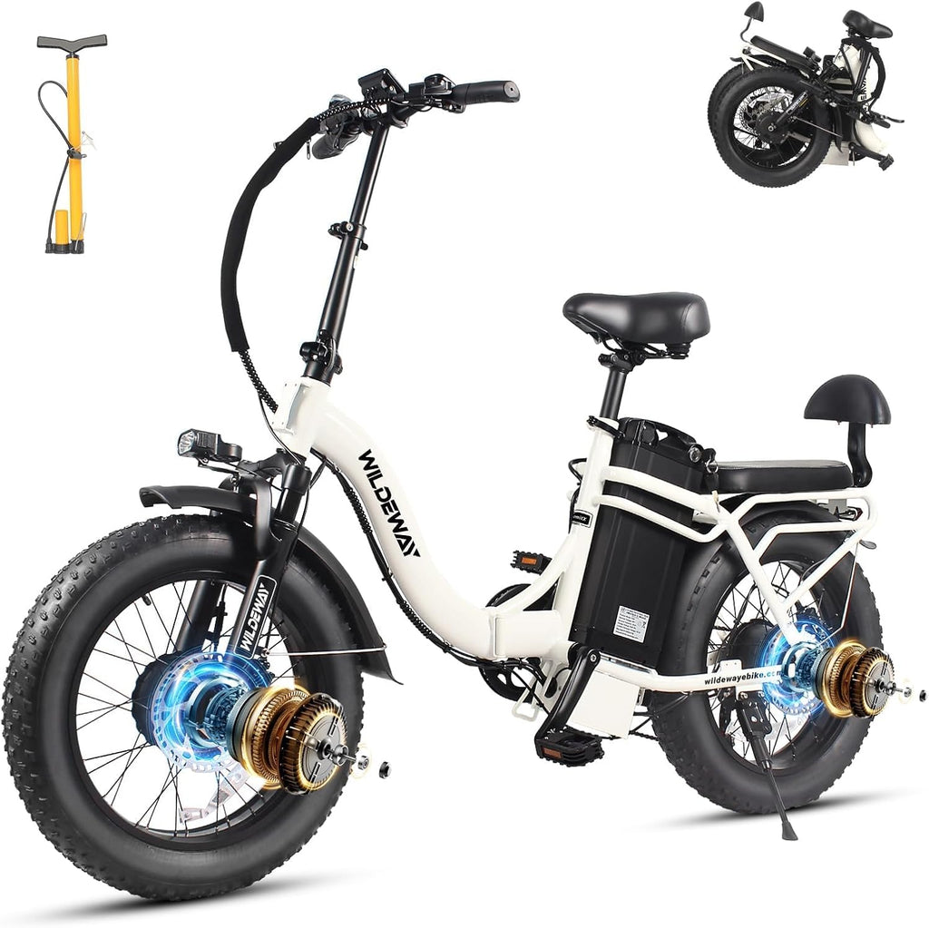 Wildeway 2000W Dual Motor Electric Bike SummitX 32Ah Battery E-Bike 90 Miles Long Range 28MPH Foldable 20x4.0 Fat Tire Ebike for Adult Hydraulic Brake Delivery Commuting Bicycle 2 Seat