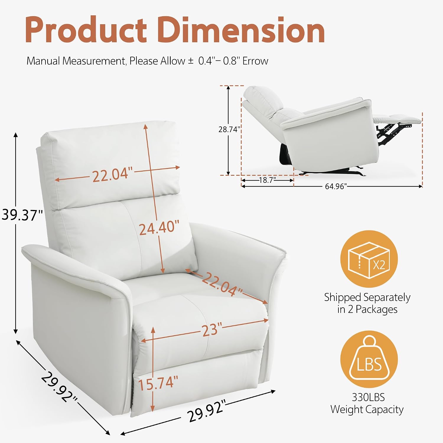 Manual Rocker Recliner Chair with Glider Motion for Nursery, 150° Recline & Wide Armrests - Overstuffed Leather Nursery Chair for Small Spaces, Living Room, Bedroom