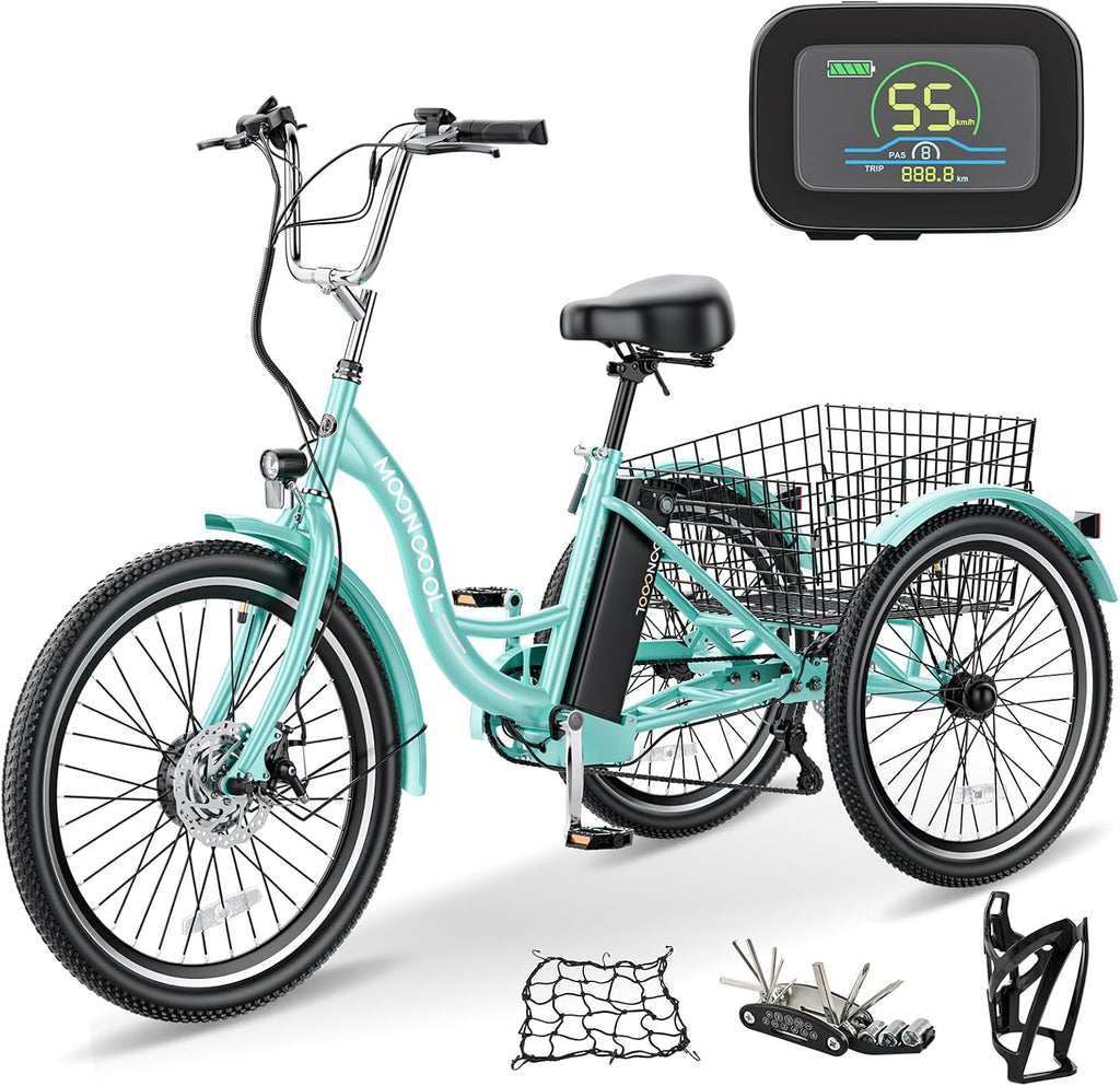 Electric Tricycle Electric Bicycle Electric Trike, 7 Speeds 3 Wheel Electric Bike for Adults with 350W 36V Removable Battery, Electric Cruiser Tricycle (26 Inch, Light-Cyan)