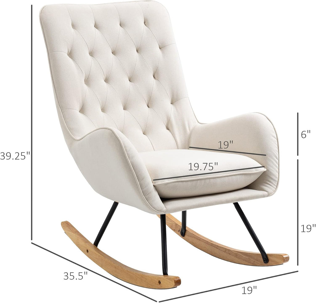 HOMCOM Mid-Century Fabric Rocking Chair Sofa Armchair Tufted Rocker Wingback Accent Chair with Padded Seat, Rubber Wood Base for Home Studio, Bedroom, Living Room, Cream White