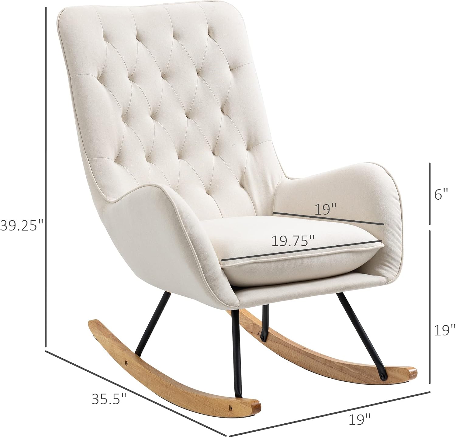 HOMCOM Mid-Century Fabric Rocking Chair Sofa Armchair Tufted Rocker Wingback Accent Chair with Padded Seat, Rubber Wood Base for Home Studio, Bedroom, Living Room, Cream White