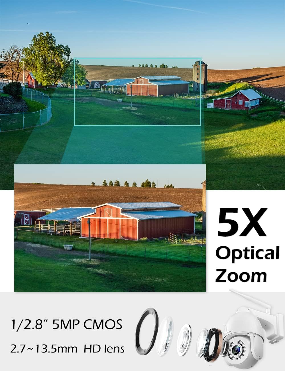 5MP PTZ Security Camera Outdoor Motion Tracking, Floodlight Surveillance IP Dome RTSP Camera Wireless WiFi, 5X Optical Zoom, Color Night Vision, 2-Way Audio, Support SD Card IP66 White