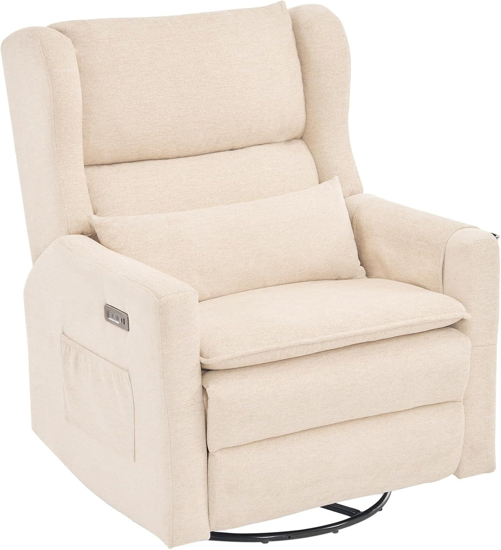 Oversized Swivel Rocker Recliner with Adjustable Headrest, 26' Extra Wide Glider Recliner Nursery Chair with Double Cushion, Chenille Glider Rocking Chair for Living Room,Cup Holder,Beige