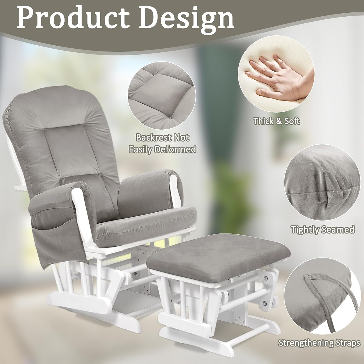BECHAEO 5PCS Velvet Glider Rocker Replacement Cushions with Ottoman Cover Soft Thicken Rocking Chair Cushion Set for Indoor Nursery Glider Rocking Chair, Greige