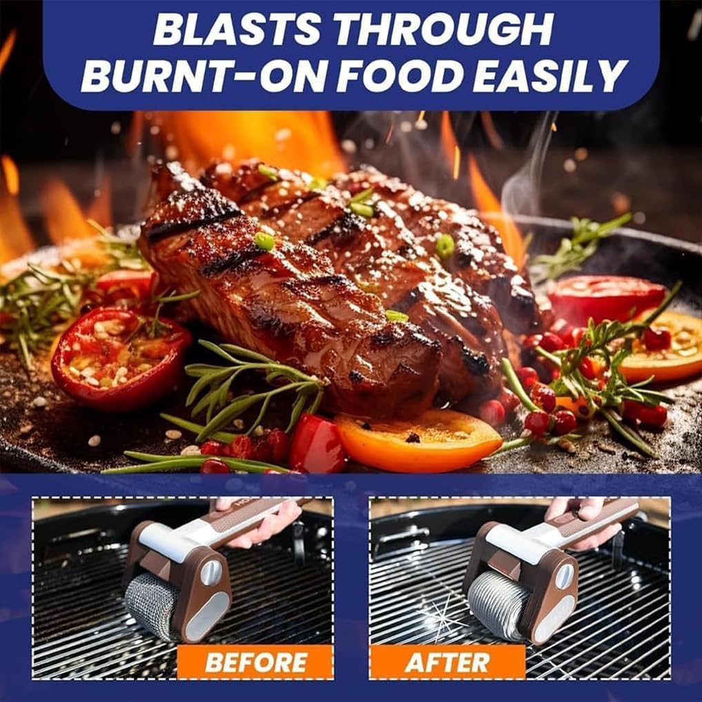 Electric Grill Cleaner Bristle Free, Stainless Cordless & Rechargeable Steel Power Roller with LED Light, Spinning BBQ Grill Brush, 350 RPM High-Speed Cleaning