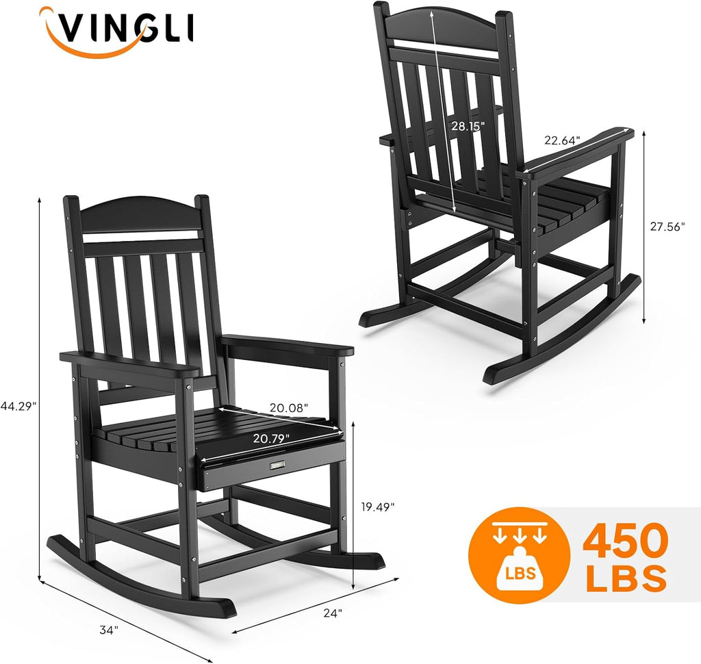 VINGLI 450 lbs Capacity HDPE Outdoor Rocking Chair - Durable, Weather-Resistant Patio Rocker for Garden, Lawn, and Deck, Black