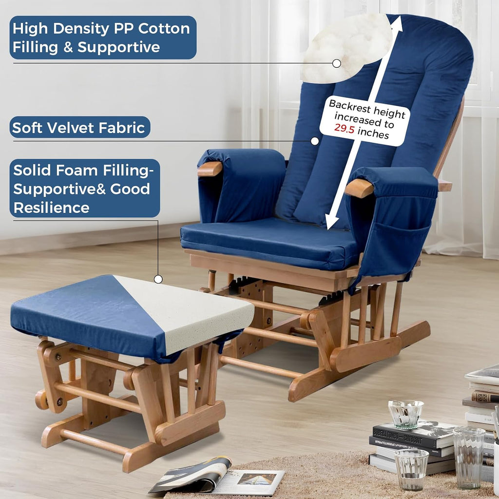 Lucky Monet 5PCS Velvet Glider Rocker Replacement Cushions, Thickened & Supportive Rocking Chair Cushion Set with 29.5 Inch High Backrest & Storage Pockets, for Indoor Nursery Glider & Ottoman, Blue