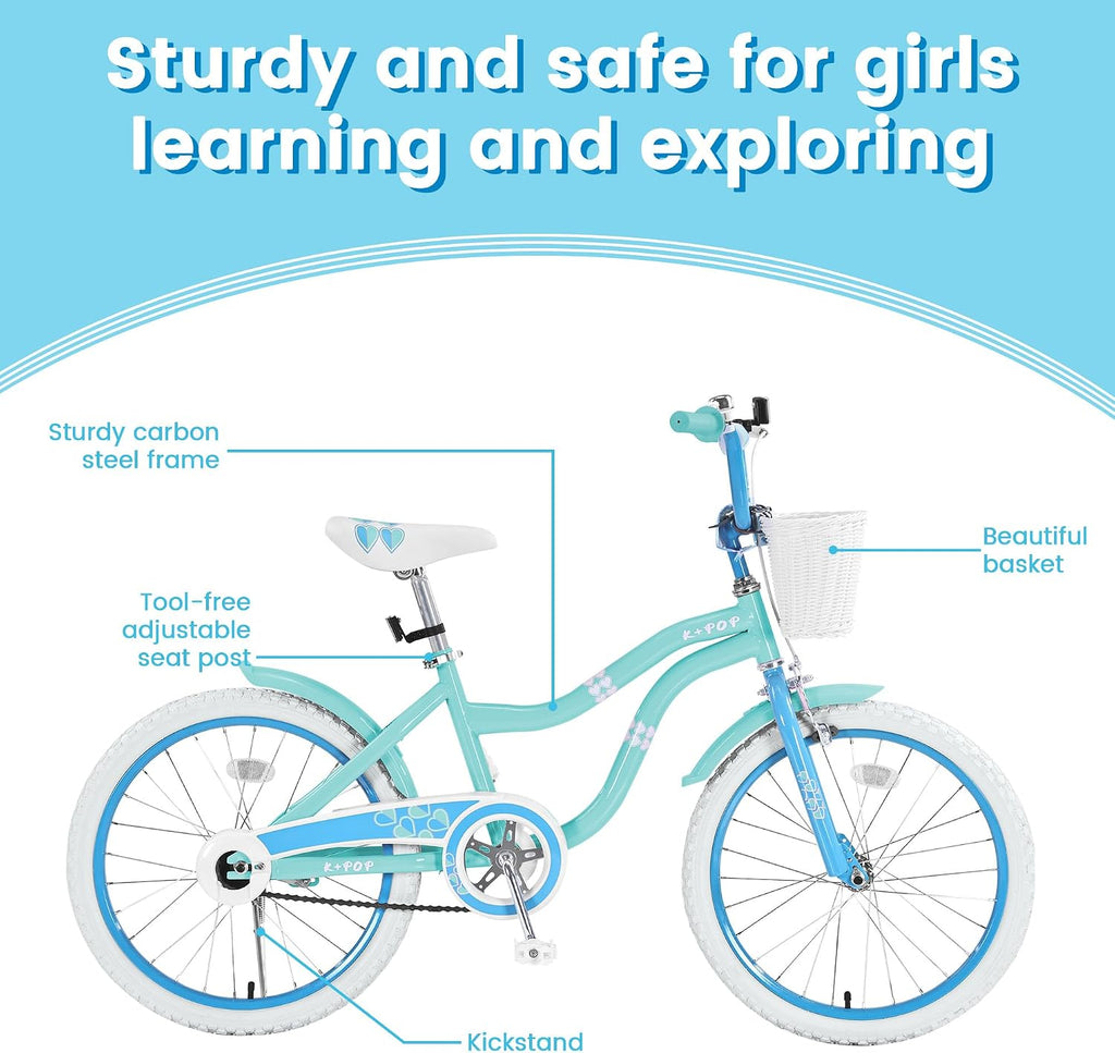 Girls Bike with Basket for 4-12 Years Old Kids, 16 20 Inch Kids Bicycle, 16 Inch Girls Bikes with Training Wheels and Kickstand, 20 Inch Bike with Kickstand, Adjustable Seat, Multiple Colors