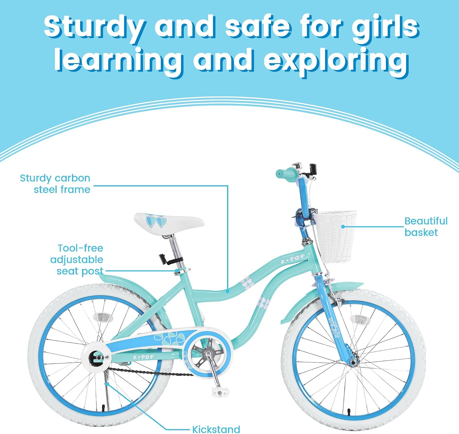 Girls Bike with Basket for 4-12 Years Old Kids, 16 20 Inch Kids Bicycle, 16 Inch Girls Bikes with Training Wheels and Kickstand, 20 Inch Bike with Kickstand, Adjustable Seat, Multiple Colors