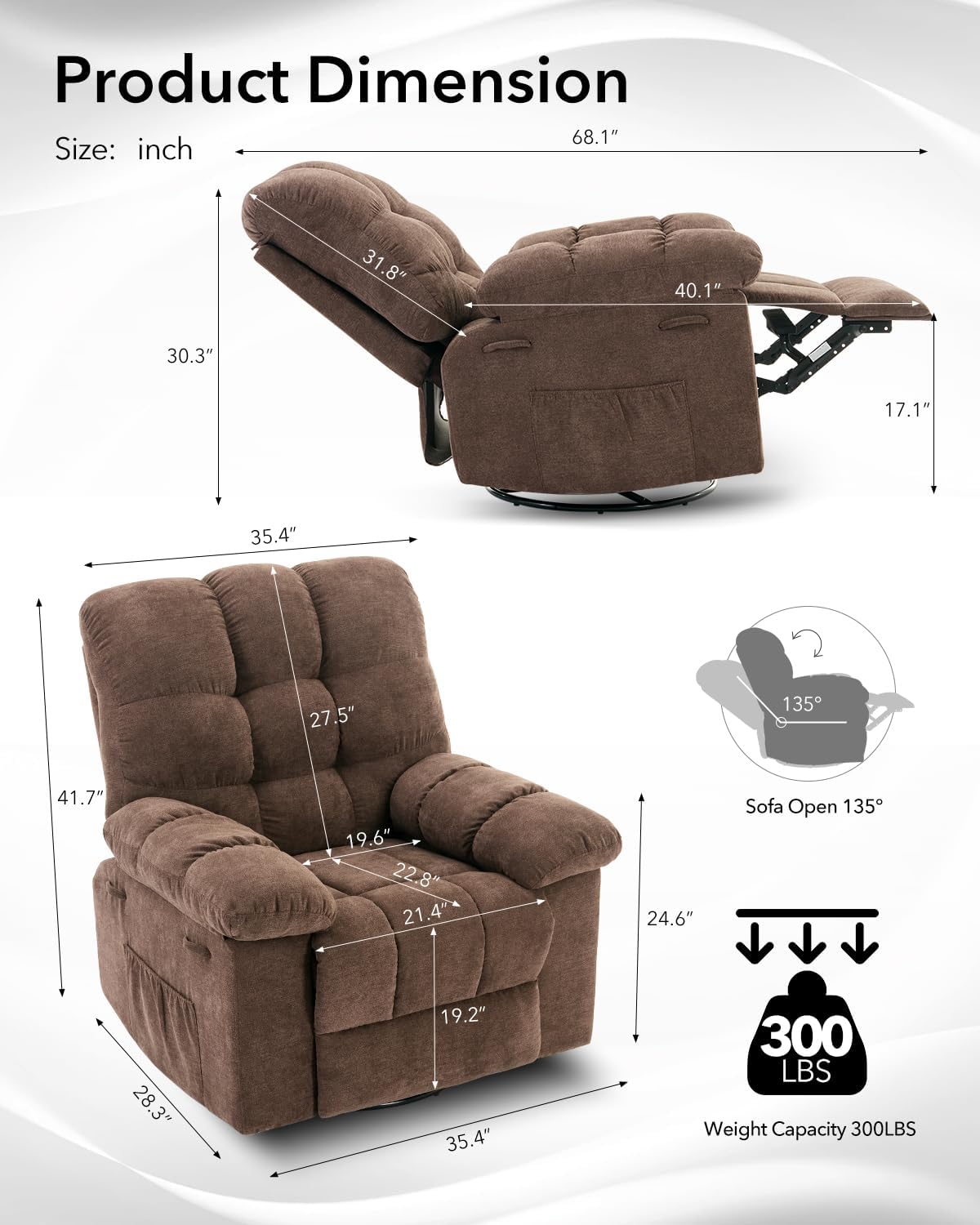 Rocking Recliner Chair,360° Swivel,30° Rocking,135° Tilt,Chenille Upholstery,Q235 Steel Frame Glider Nursery Chair for Small Spaces