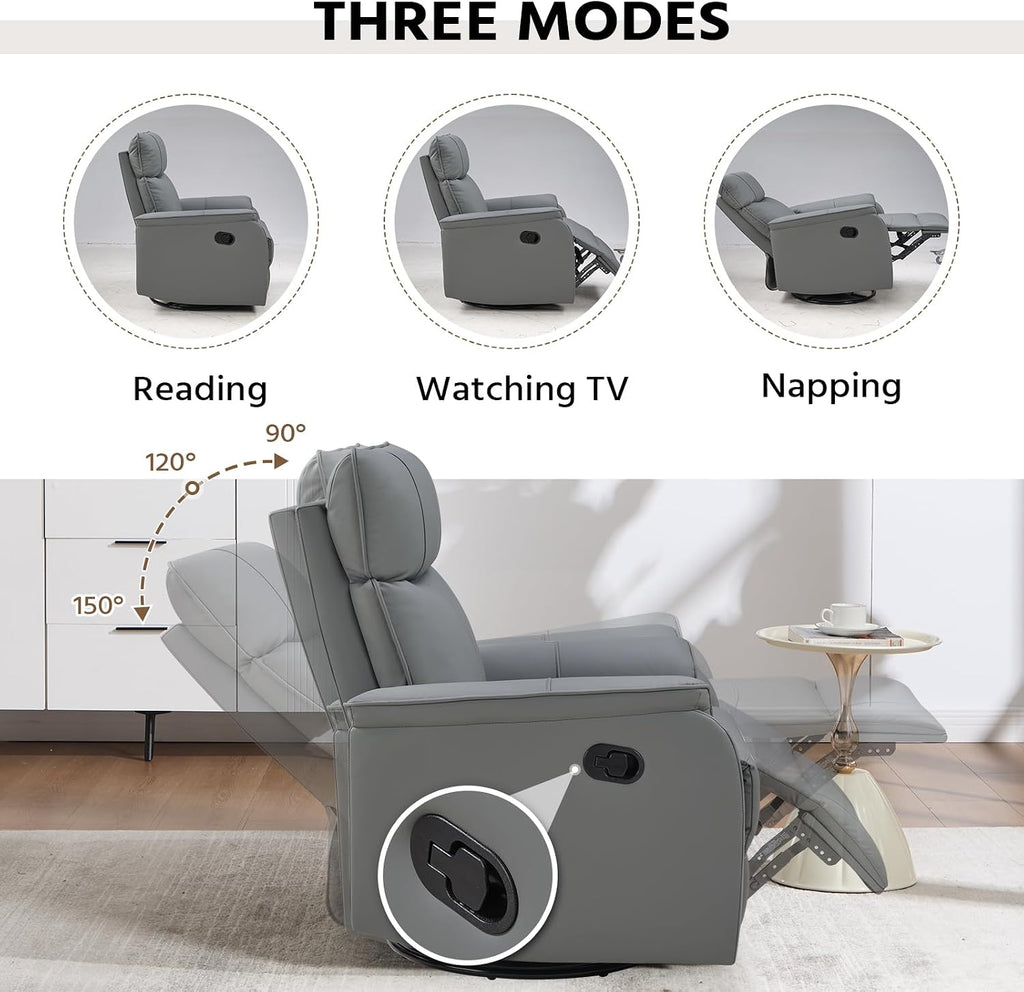 HAOMARKETS Swivel Rocker Recliner Chair, Manual Faux Leather Glider Rocking Recliners for Adults, 360° Swivel Nursery Reclining Sofa with Padded Backrest for Living Room, Grey