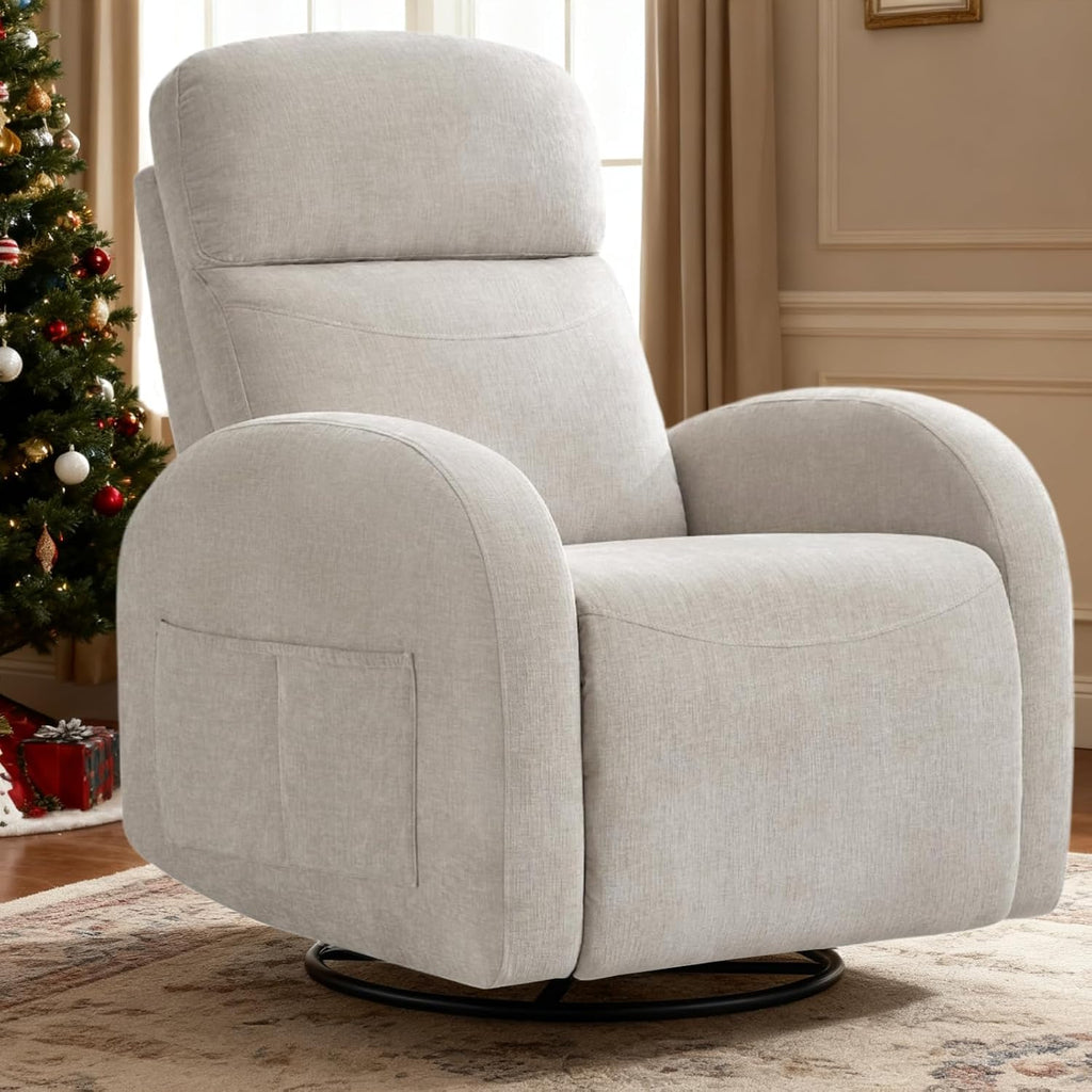 Swivel Rocker Recliner Chair, Rocking Recliner for Nursery with Side Pockets, Manual Swivel Reclining Nursery Glider Chair for Breastfeeding Living Room, Camel Chenille