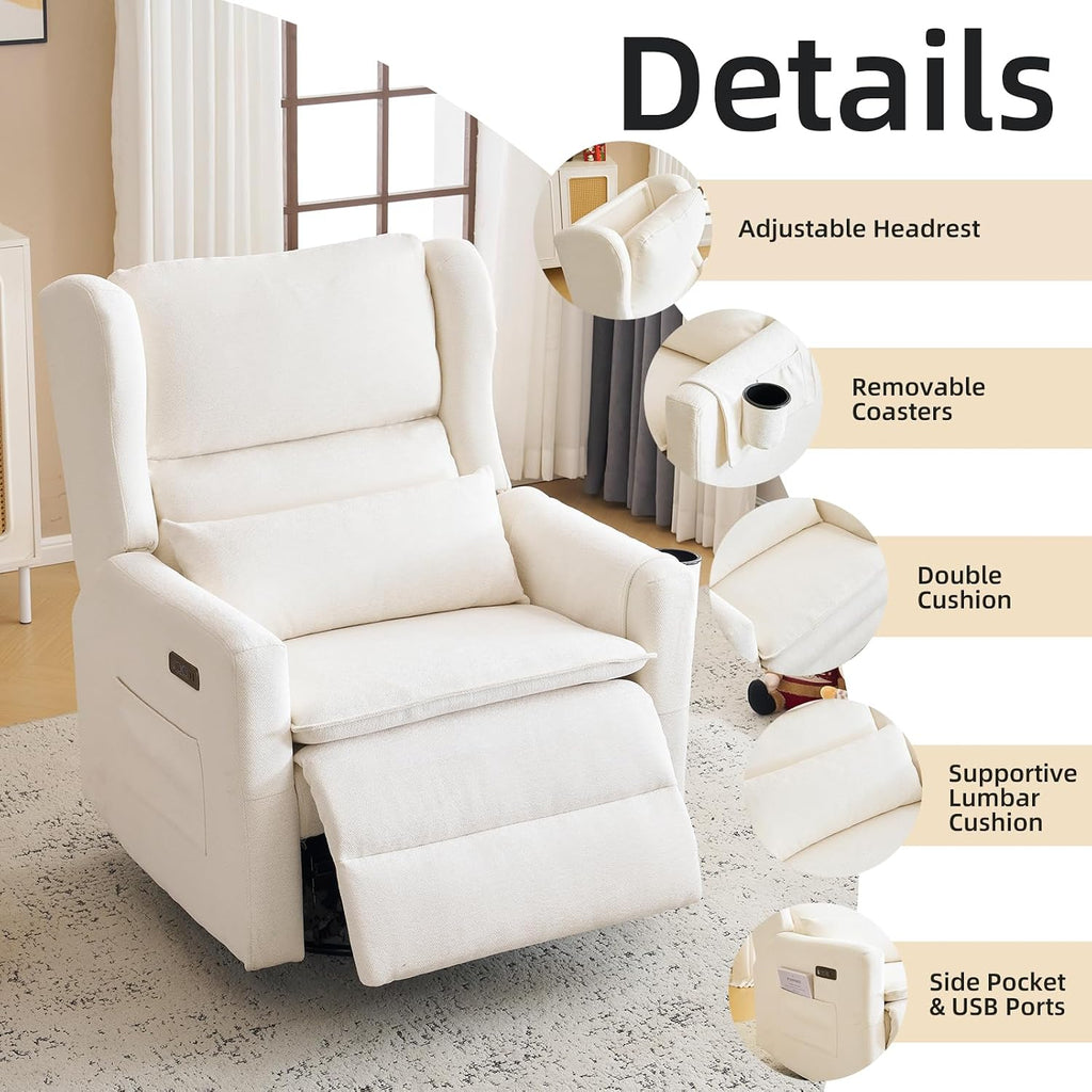 Power Recliner Chair Swivel Glider, Oversized Swivel Rocker Recliner with Adjustable Headrest,Comfy Chenille Glider Rocking Nursery Chair with Overstuffed Lumbar Support, USB Ports, White
