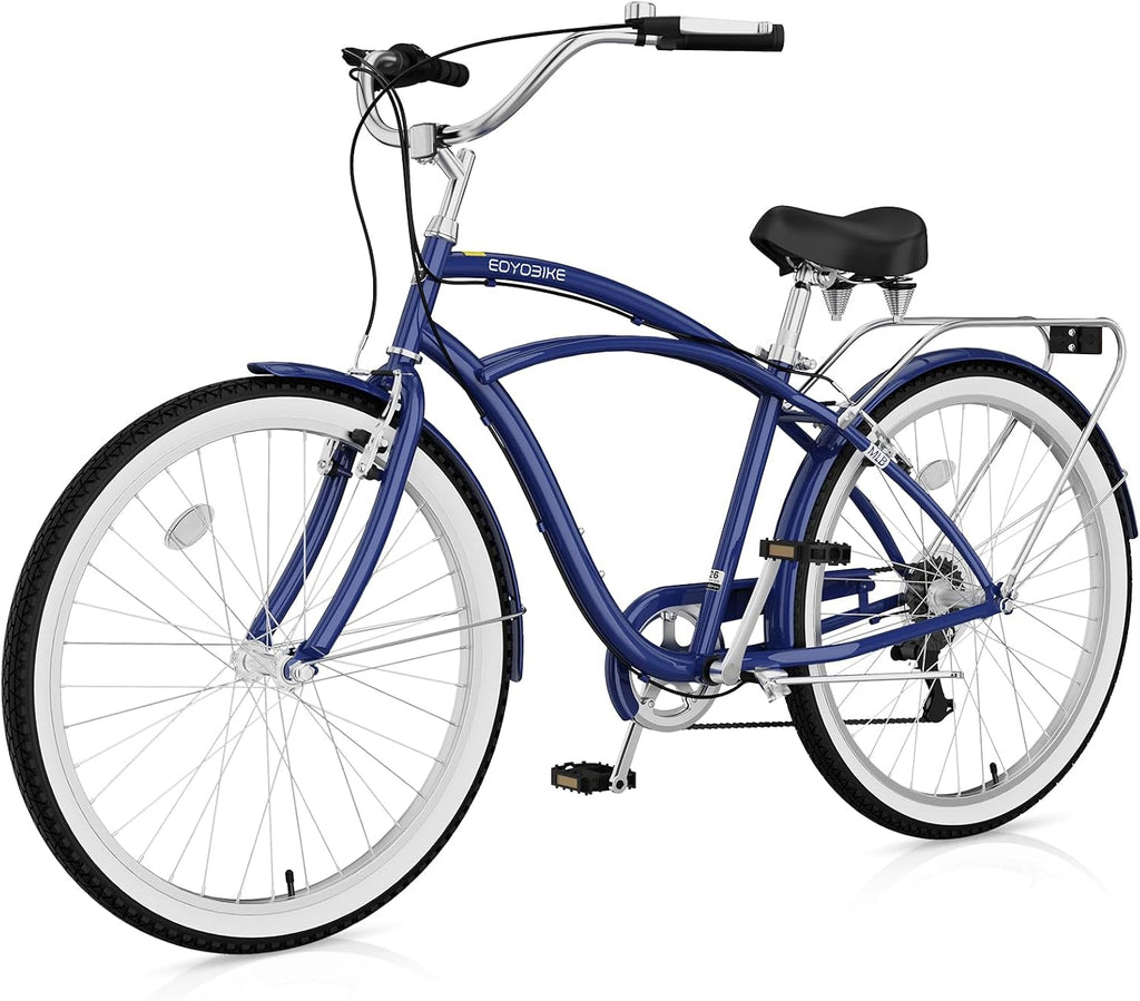 Cruiser Bike for Adults, 7-Speed Beach Cruiser Bicycle, 24/26 Inch Step-Through or High-Bar Frame, Comfort City Commuter Bike with Rear Rack, Fenders, Wide Saddle for Women & Men