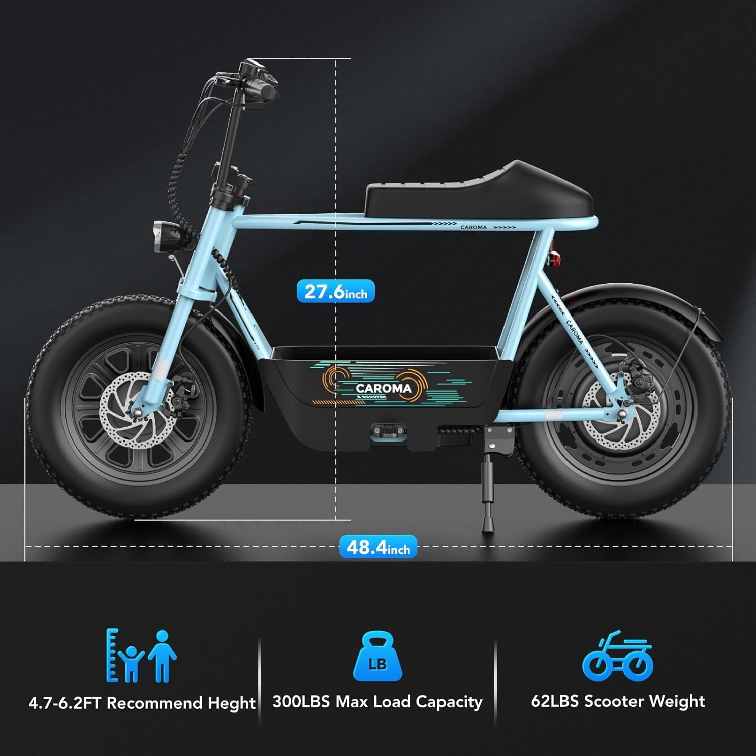Caroma Peak 1200W Electric Scooter with Seat, 16' Fat Tire Electric Dirt Bike, Max 30Miles Ranges, Top Speed 20Mph, Electric Motorcycle Mini Bike with Basket for Pets & Cargo, UL 2272 Certified