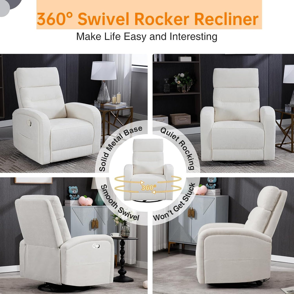 Swivel Rocker Recliner for Nursery, Upholstered Swivel Recliner Chairs, Glider Rocking Chairs Nursery Recliner, White Reclining Rocking Chairs for Living Room, Bedroom, Chenille Fabric