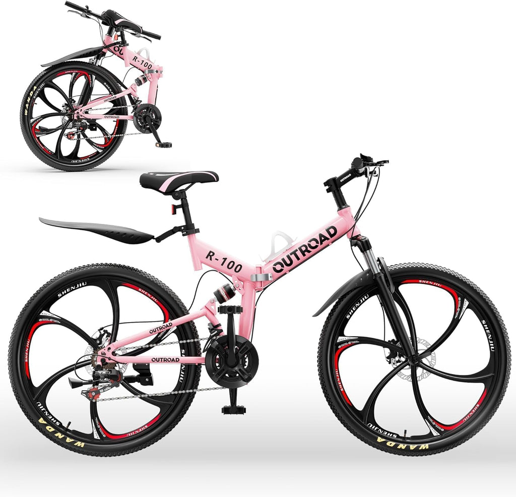 26 Inch Folding Mountain Bike with High Carbon Steel, 21 Speed City Bike with Dual Suspension, Folding Bicycle for Adults Men and Women