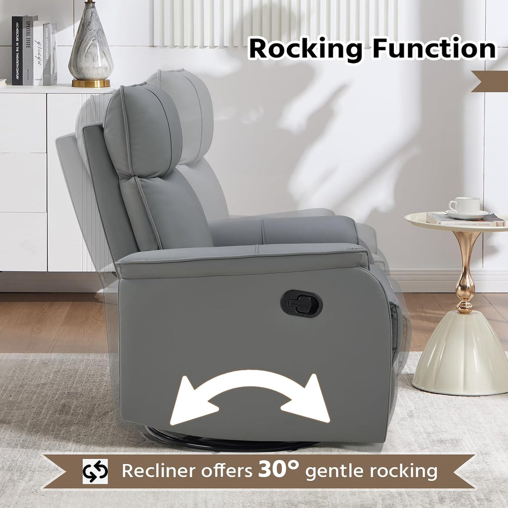 HAOMARKETS Swivel Rocker Recliner Chair, Manual Faux Leather Glider Rocking Recliners for Adults, 360° Swivel Nursery Reclining Sofa with Padded Backrest for Living Room, Grey