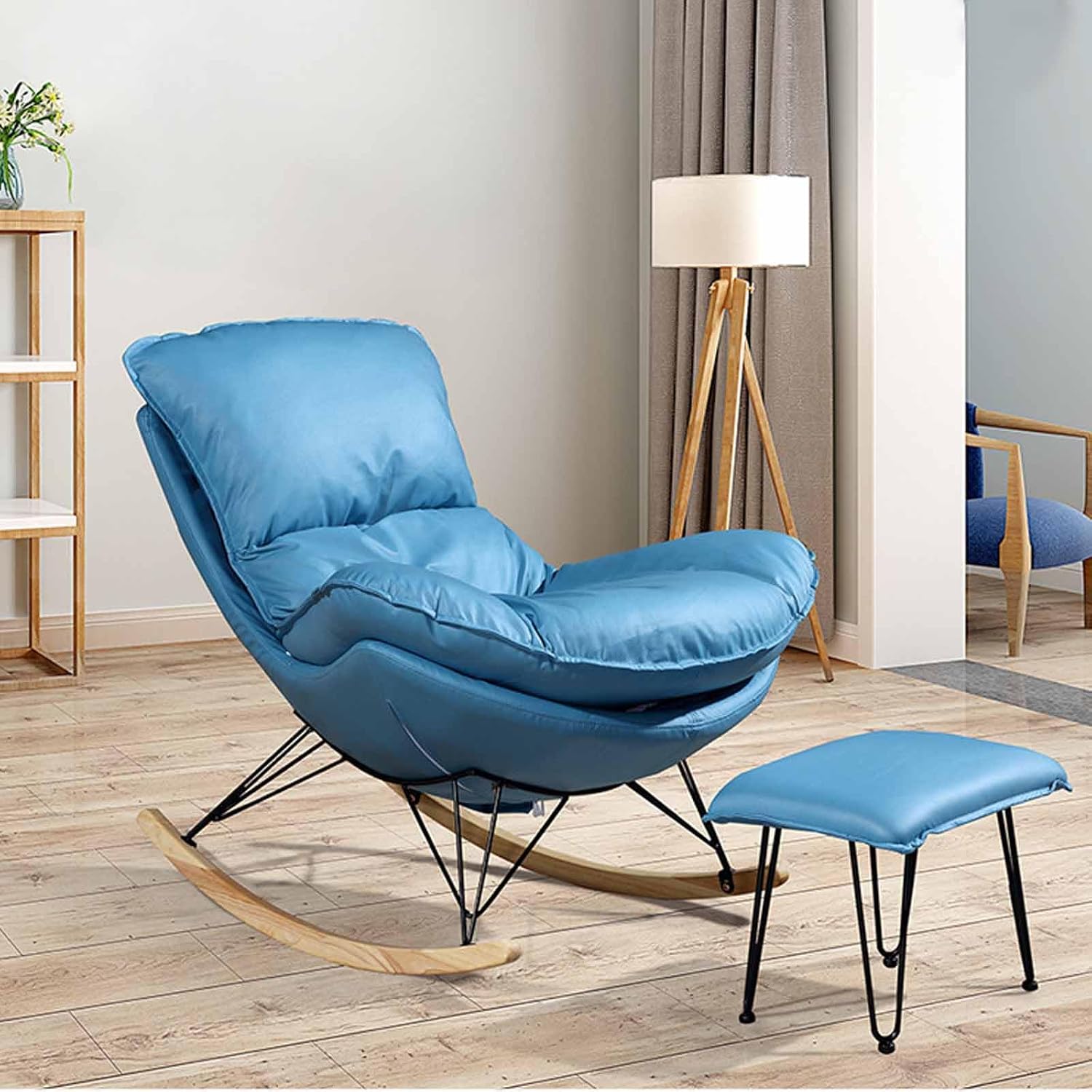 Modern Nursery Rocking Chairs, Rocking Chair Nursery with Footrest, Upholstered Rocking Chair Nursery Glider, Comfy Rest Reading Chair Water Resistant Nursery Chair,Blue