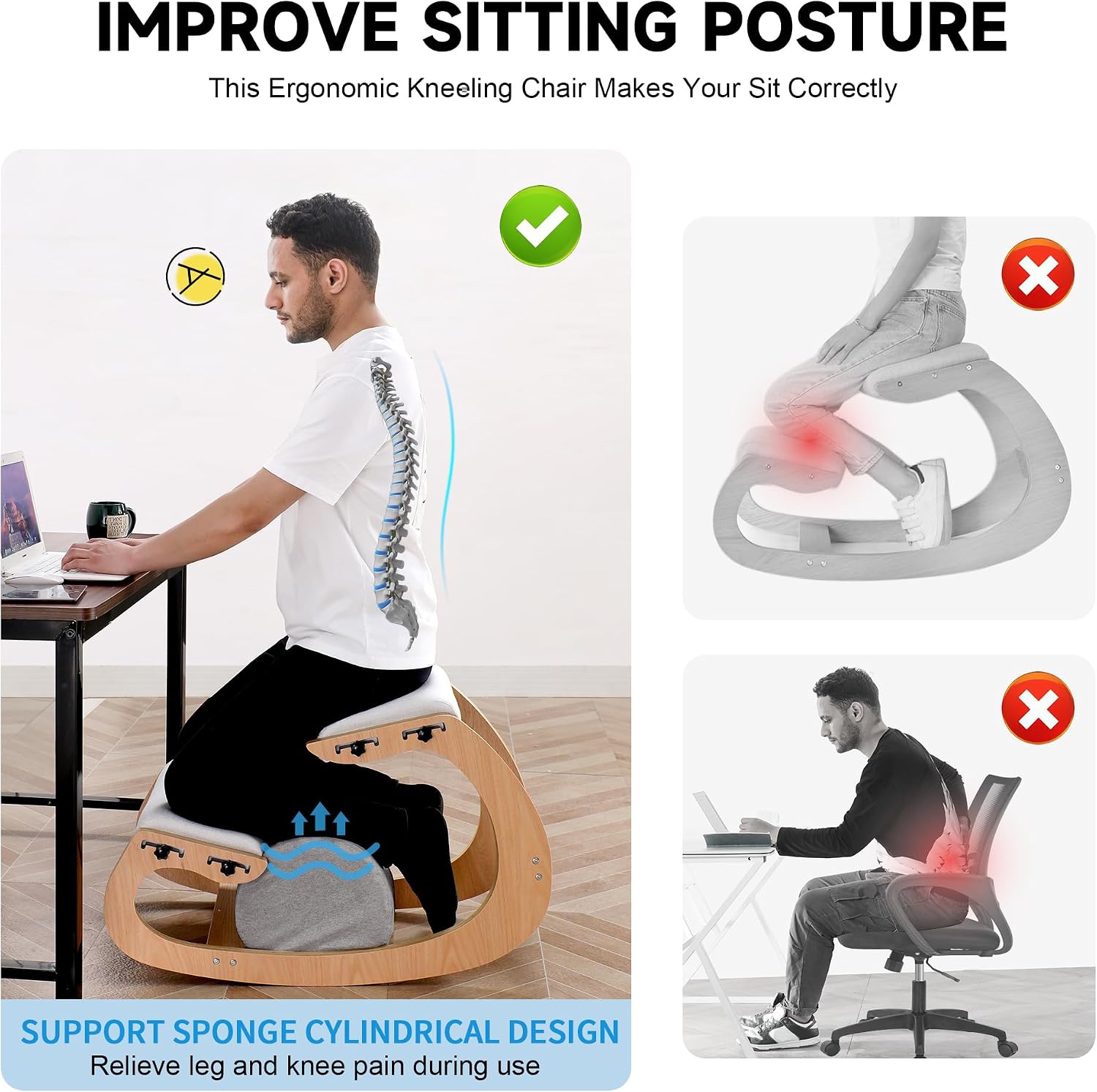 Adjustable Kneeling Chair, Wooden Ergonomic Chair Knee Chair Posture Chair - Improve Your Posture with an Angled Seat for Home,Office (Wood Color+ Pads)