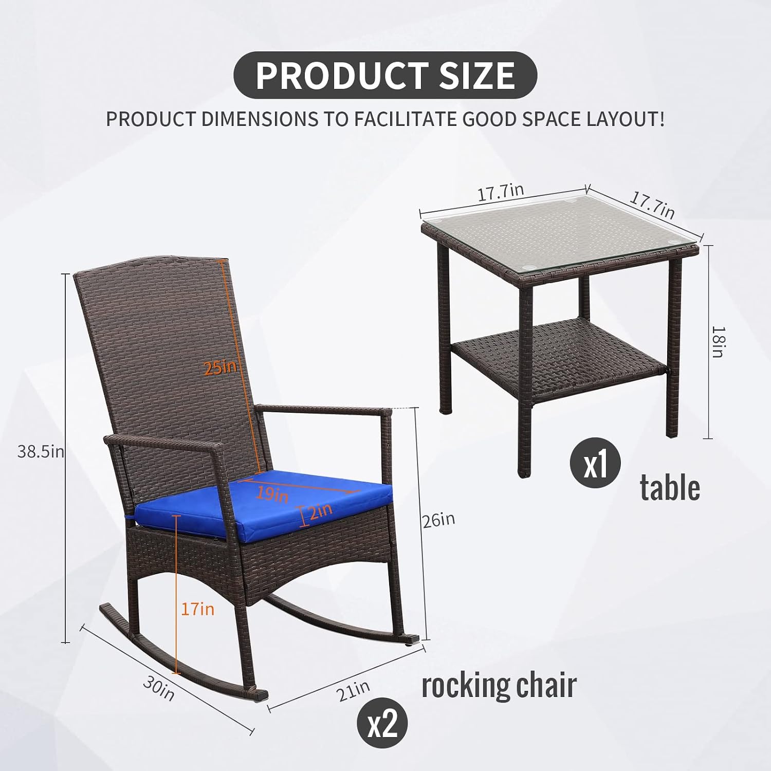 Outdoor HDPE Wicker Rocking Chair 3-Piece Patio Rattan Bistro Set 2 Rocker Armchair and Glass Coffee Side Table Furniture Washable Lacing Cushions, Blue