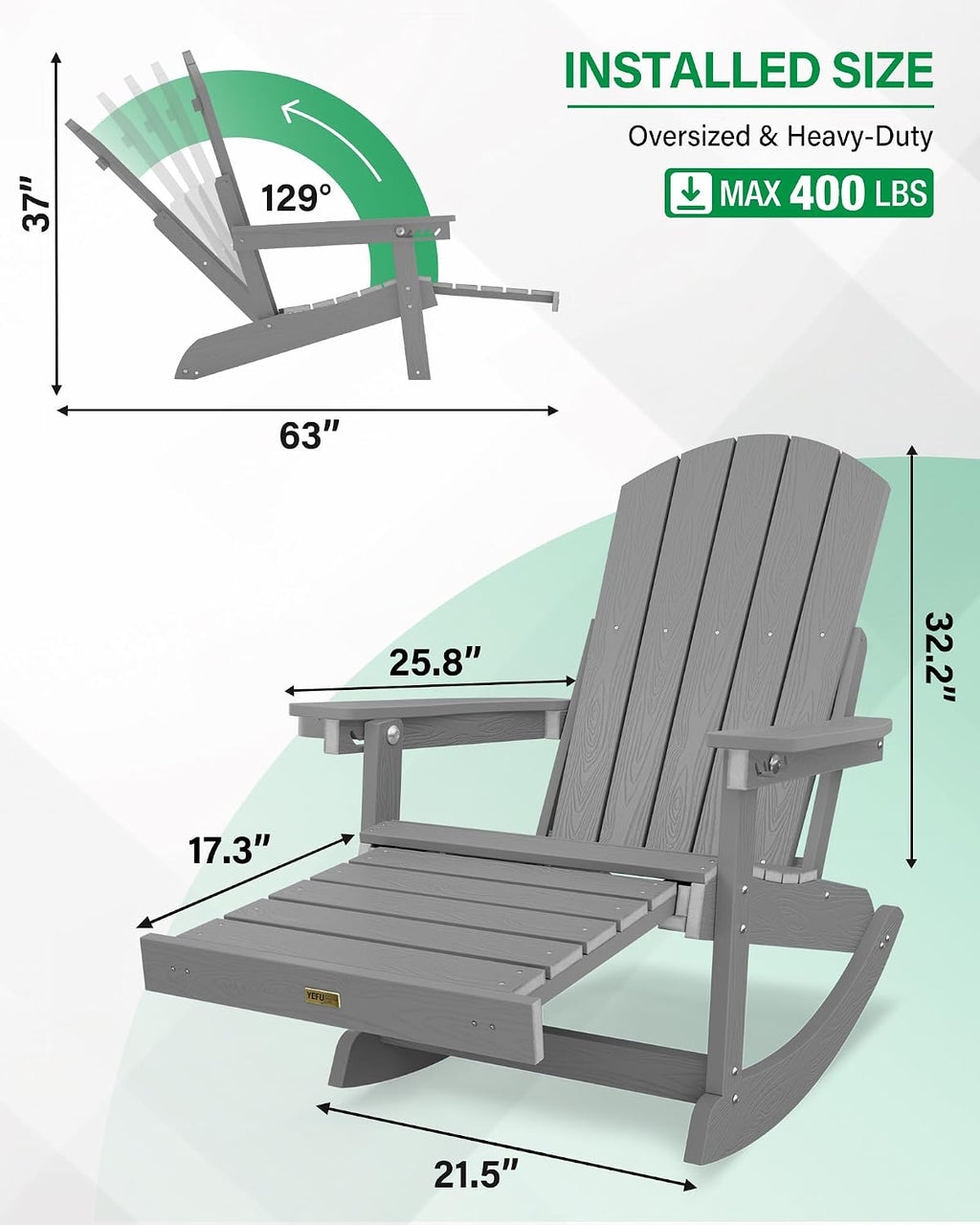 YEFU Adirondack Rocking Chairs Set of 2, Adjustable Adirondack Chair with Retractable Ottoman,Outdoor Rocking Chair,Rockings Chairs Outside,Weather Resistant,for Patio,Porch,Lawn,Heavy Duty,Grey