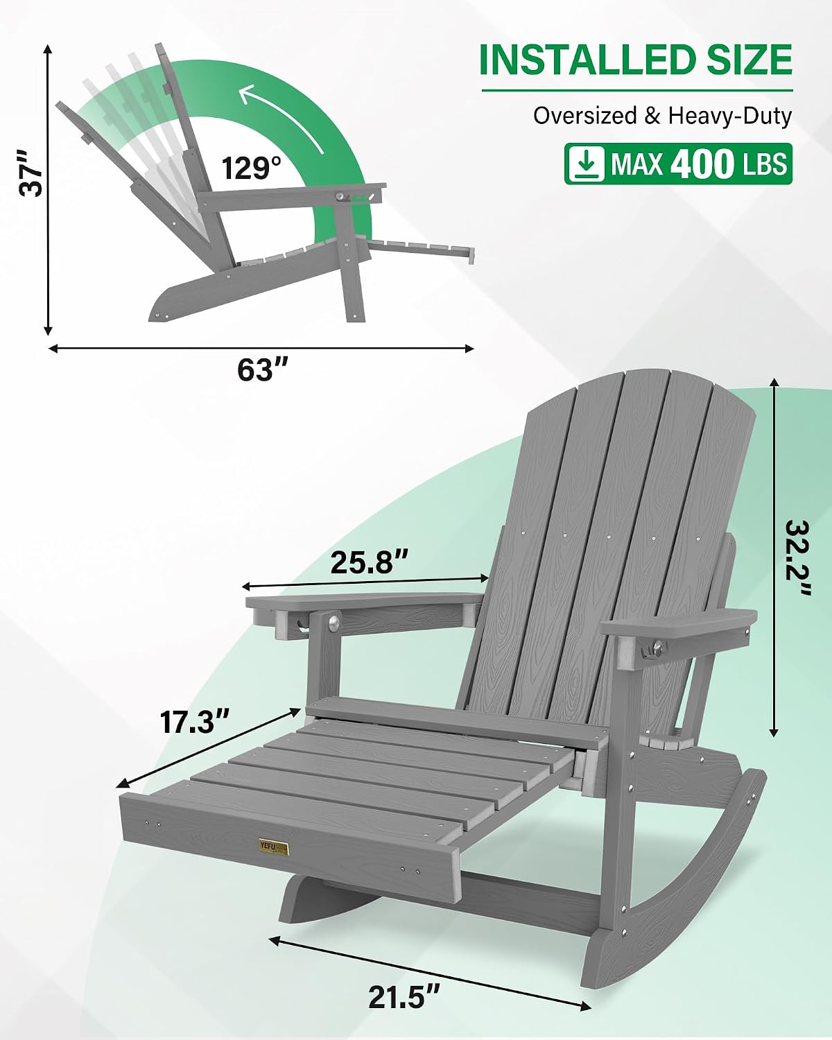 YEFU Adirondack Rocking Chairs Set of 2, Adjustable Adirondack Chair with Retractable Ottoman,Outdoor Rocking Chair,Rockings Chairs Outside,Weather Resistant,for Patio,Porch,Lawn,Heavy Duty,Grey