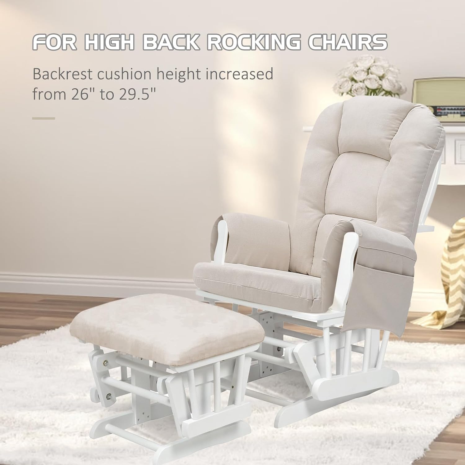 BECHAEO 5PCS Suede Glider Rocker Replacement Cushions with Ottoman Cover Thicken Soft Rocking Chair Cushion Set for Indoor Nursery Glider Rocking Chair, Beige