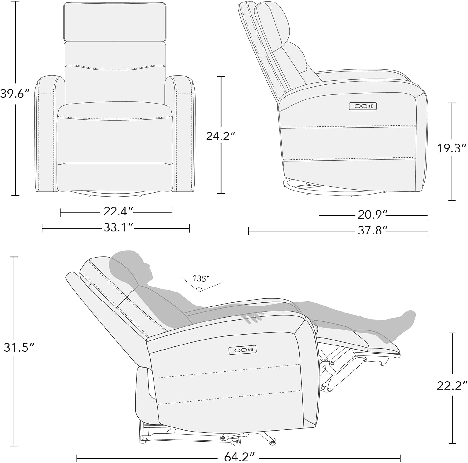 Watson & Whitely Swivel Power Recliner with Adjustable Headrest, Recliner Chairs for Adults, Small Glider Rocker for Living Room, Fabric in Khaki