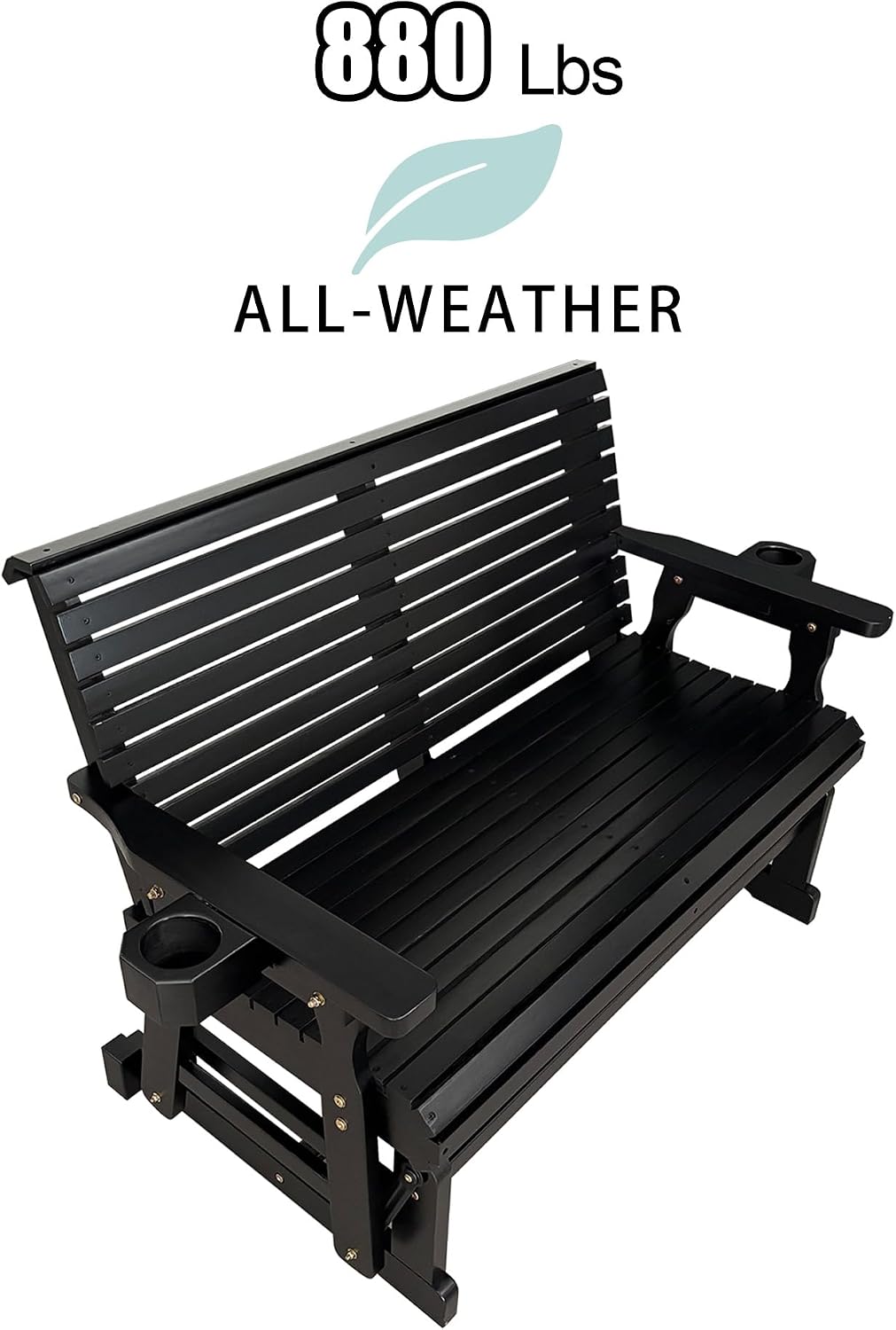 Fortune Candy Patio Glider with Cup Holders, High Roll Back and Deep Contoured Seat, Heavy Duty 800 Lb (Black, 2-Seater)