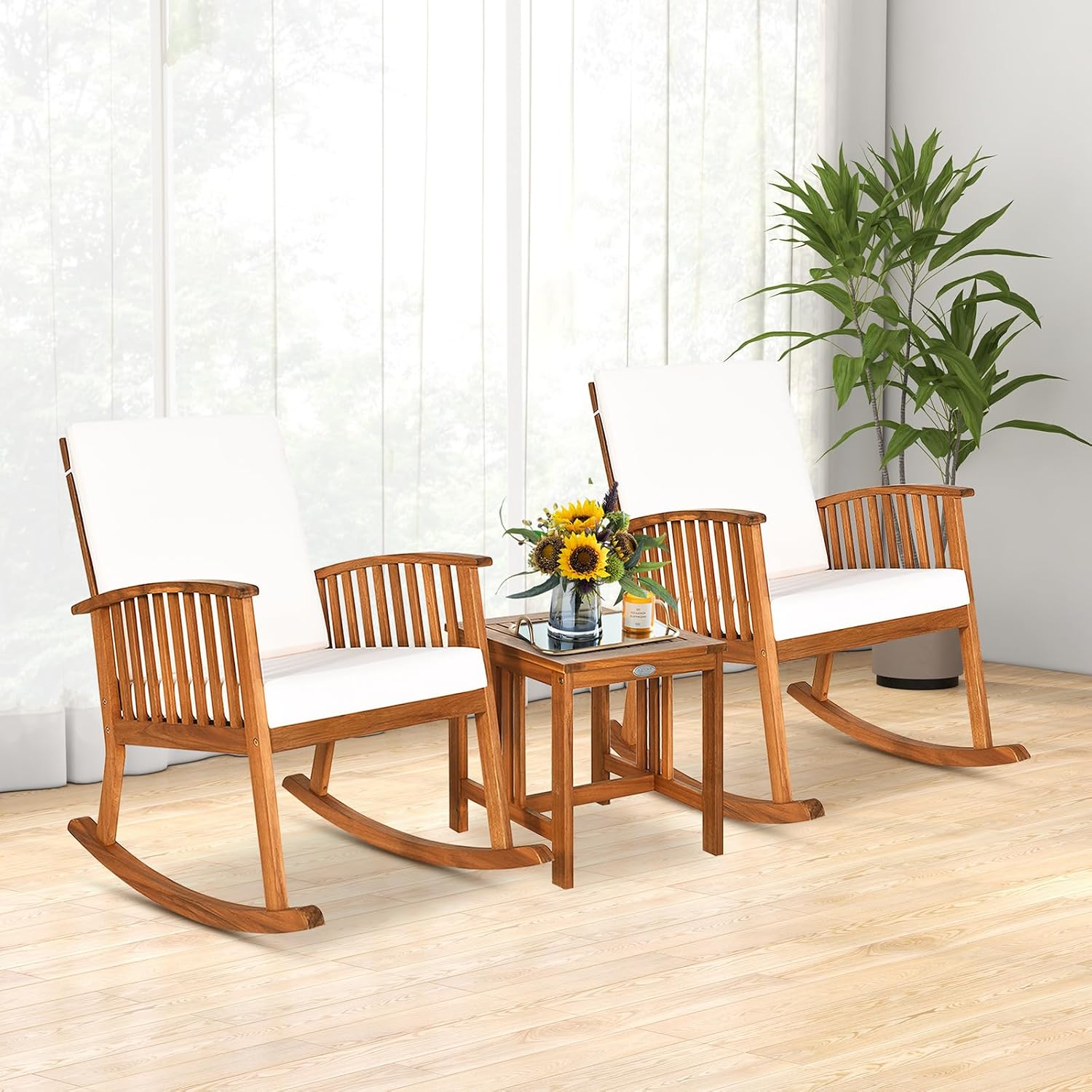 Tangkula 3 Pieces Acacia Wood Rocking Bistro Set, Outdoor Furniture Front Porch Rocker Chairs Conversation Set with Coffee Table and Cushions for Lawn, Balcony, Backyard
