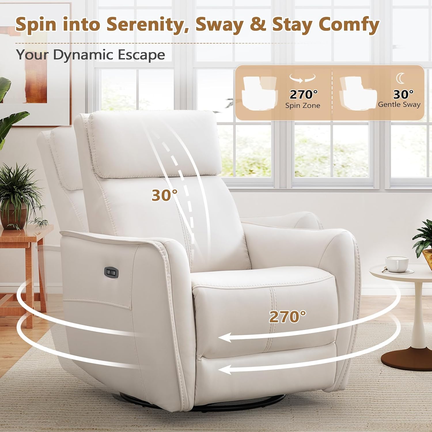 ANJ Power Swivel Recliner Chair,Rocking Chair Nursery with USB Port, Rocker Reclining Chair with Upholstered,Faux Leather Glider Rocking Chairs for Living Room, Bedroom, Cream White