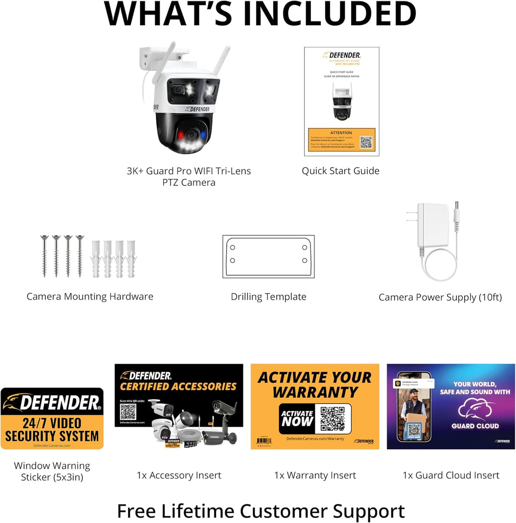 Defender AI Powered 3K+ Guard WiFi Tri-Lens PTZ Plug-in Power Outdoor Security Camera, 3-in-1 360°Smart View Camera, 8X Zoom, Human/Vehicle AI Detection, Blue/Red LED, WiFi 6, Works w/Guard App