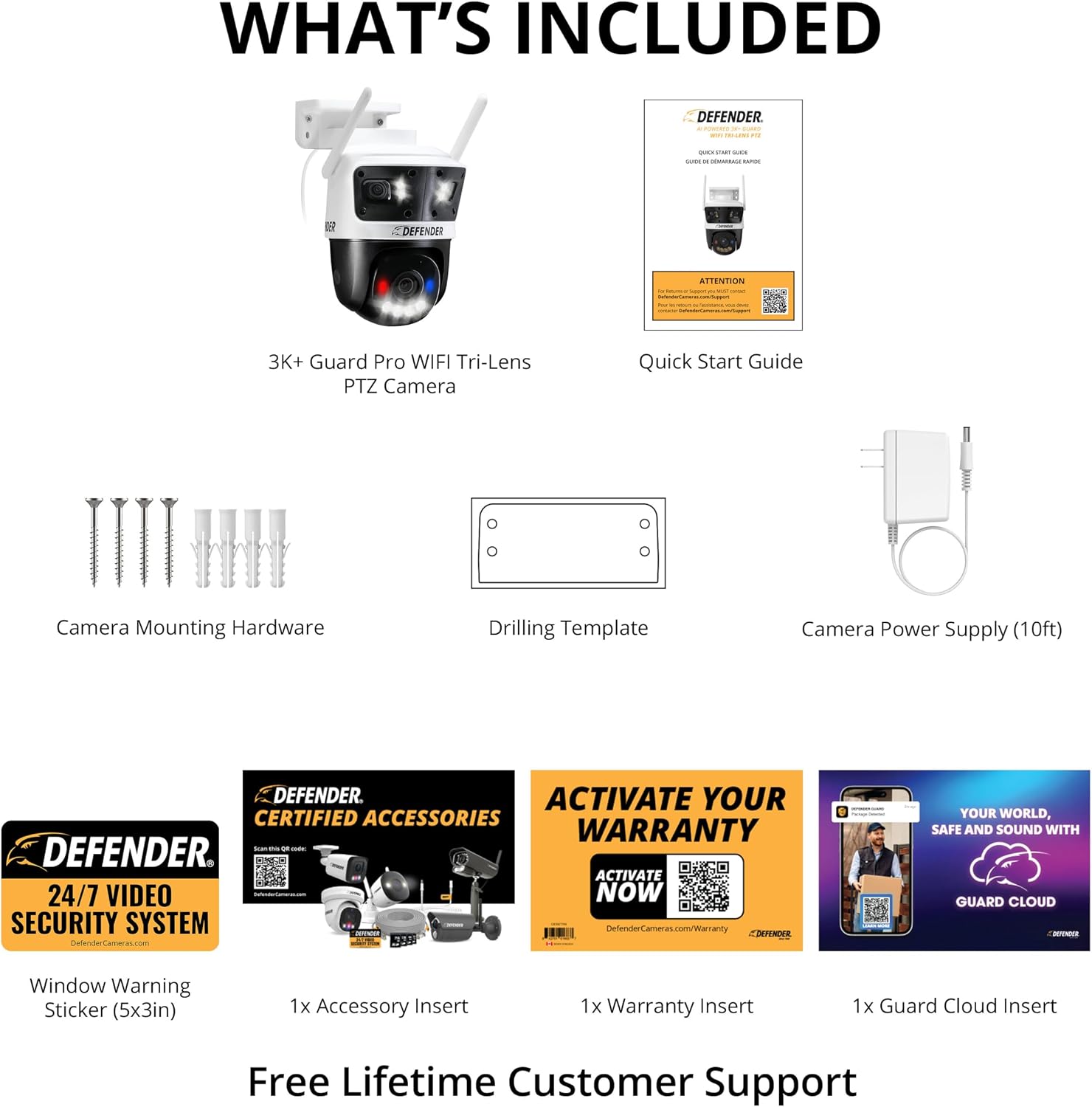 Defender AI Powered 3K+ Guard WiFi Tri-Lens PTZ Plug-in Power Outdoor Security Camera, 3-in-1 360°Smart View Camera, 8X Zoom, Human/Vehicle AI Detection, Blue/Red LED, WiFi 6, Works w/Guard App
