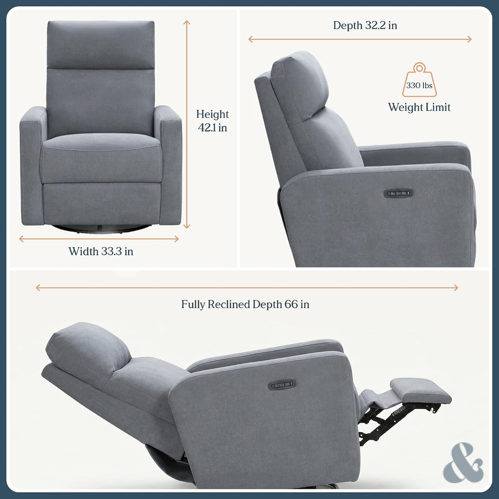 Nurture& The Glider Plus - Premium Nursery Power Recliner | Swivel Chair with Adjustable Head Support and Adjustable Lumbar Support | Built-in USB - The Ultimate Comfort for Nursing, Relaxing (Gray)