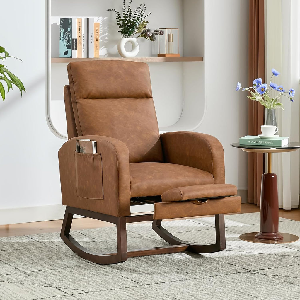 GarveeHome Rocking Chair Nursery with Foot Rest, Modern PU Upholstered Reading Glider Rocker Accent Armchair with High Backrest, Padded Seat, Side Pocket, for LivingRoom, Bedroom, Baby Room, Brown