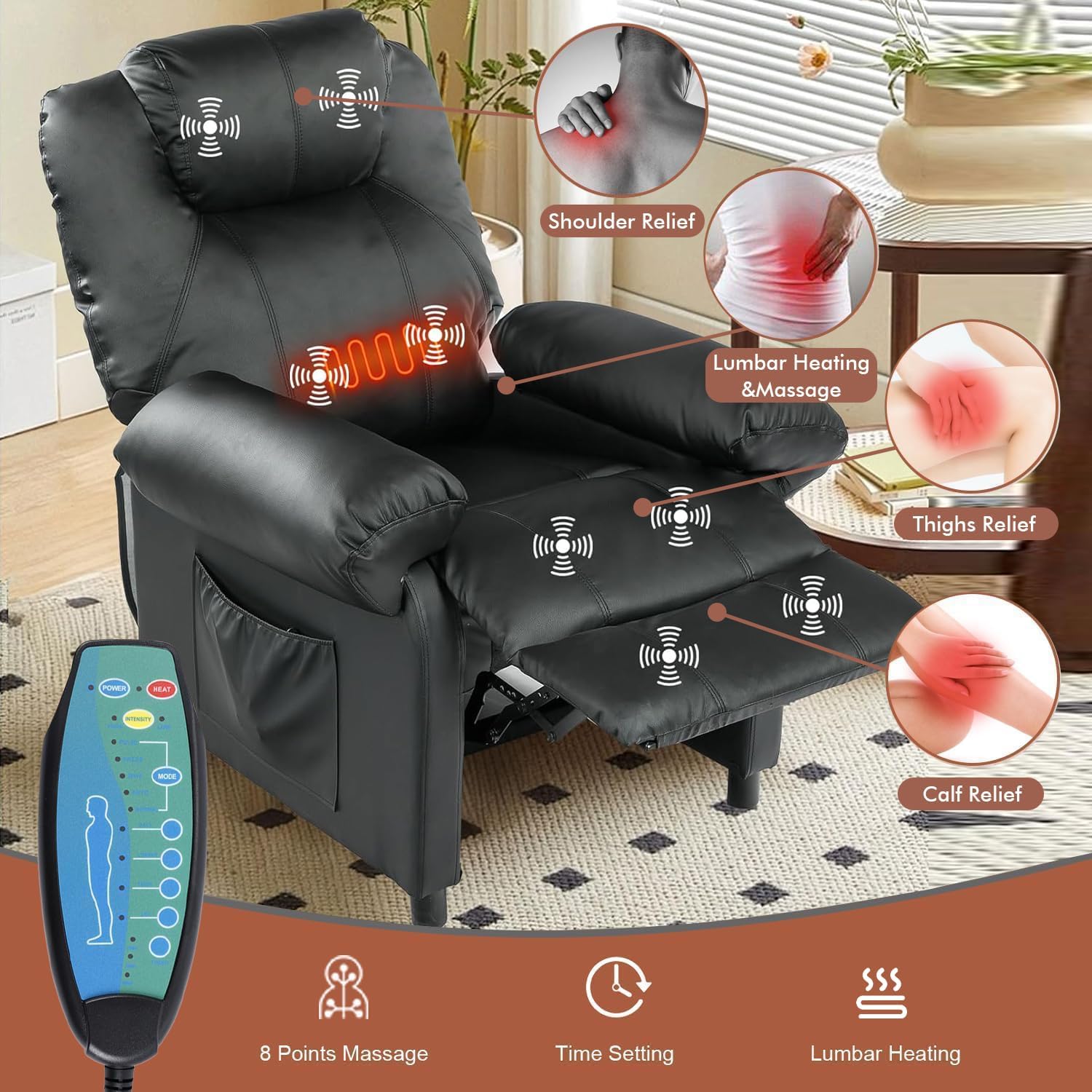Faux Leather Recliner Chair with Massage and Heat, Mid Century Overstuffed Manual Reclining Chair, Massaging Push Back Recliner Chair Single Sofa for Living Room, Black