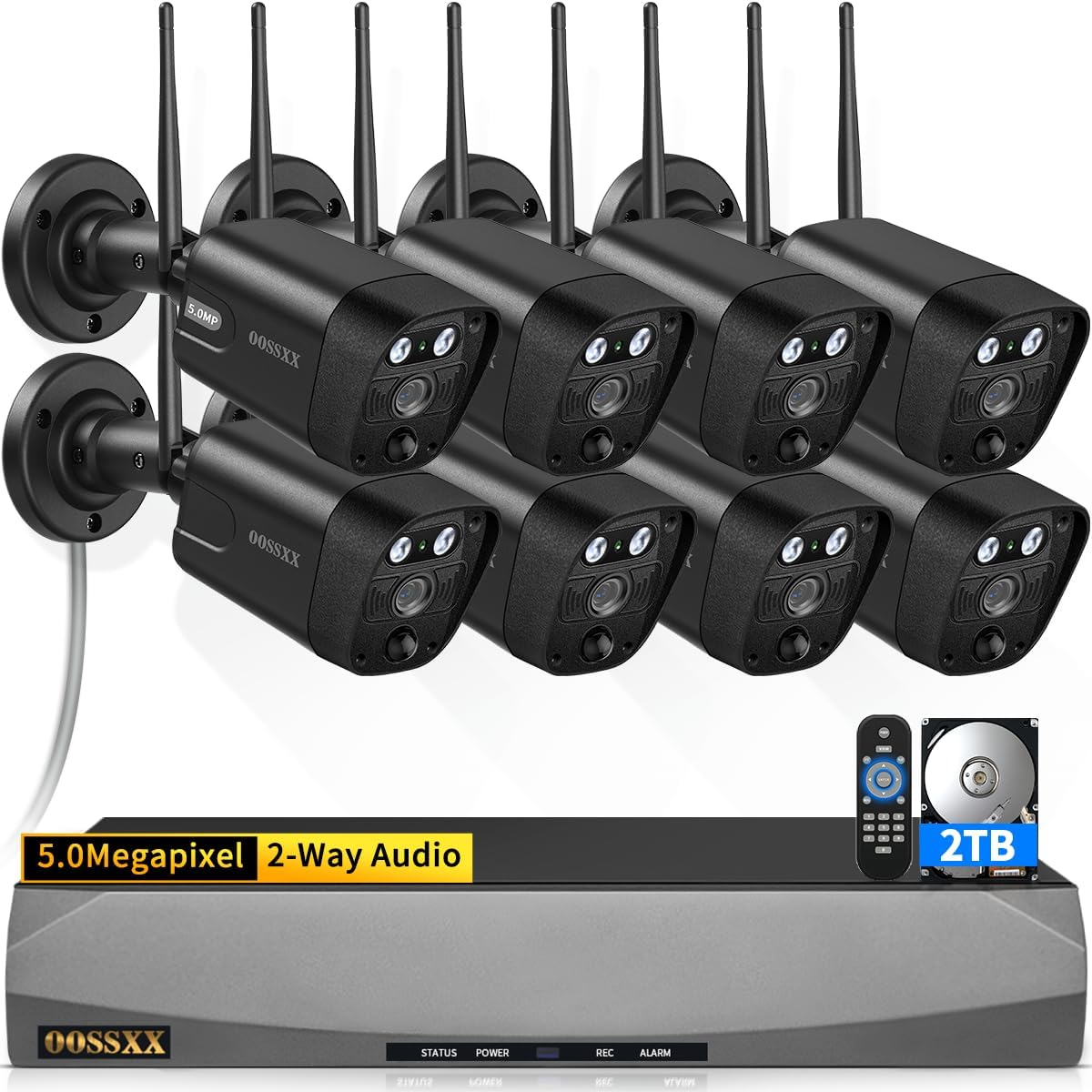OOSSXX (2026 New) 5MP Wireless Security Camera System, 10CH WiFi NVR with 8 Outdoor Cameras & 2TB HDD, Dual Antennas 55% Longer Range, 2.4/5.8GHz, 130° Wide Angle, 2-Way Audio, No Fee App