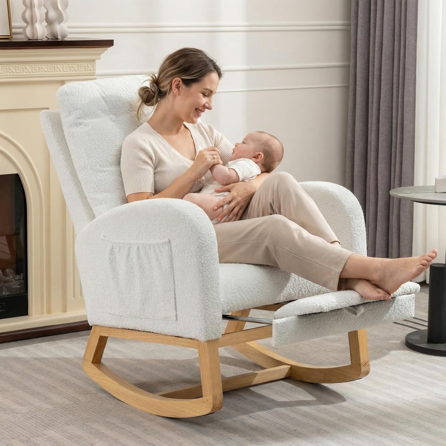 NIOIIKIT Rocking Chair Nursery, Polar Fleece Upholstered Glider Chair with Footstool, Tufted Rocker Recliner Chair with Side Pocket, Comfy Glider Accent Chair for Living Room (White Polar Fleece)